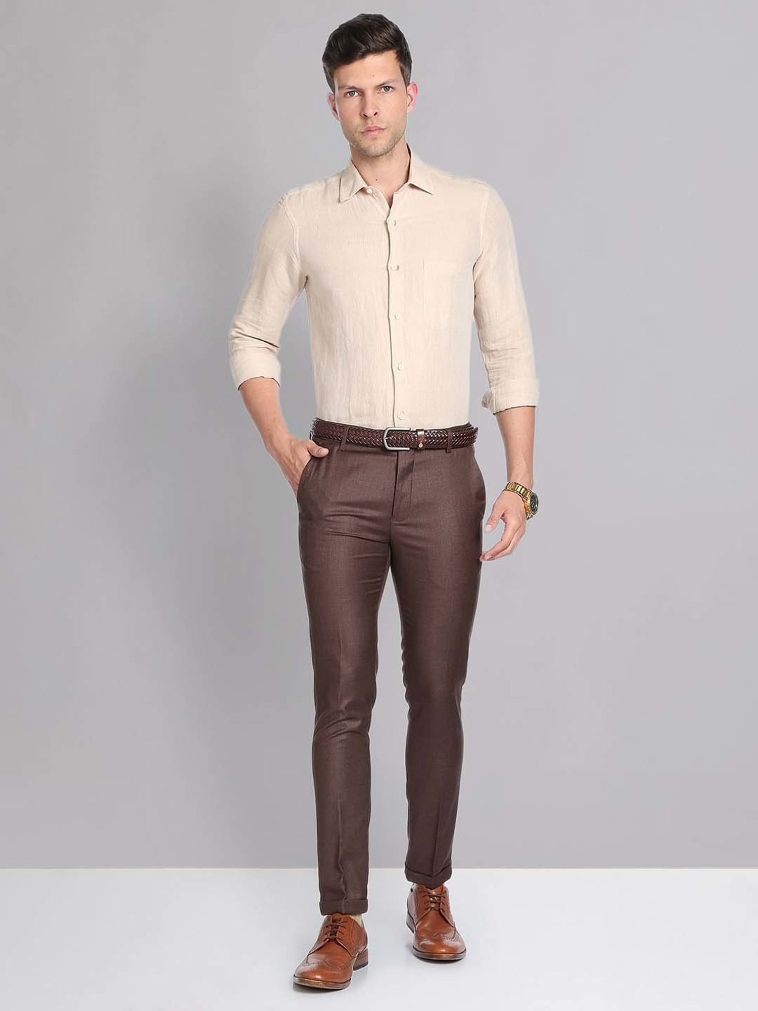 AD by Arvind Dark Brown Slim Fit Flat Front Trousers