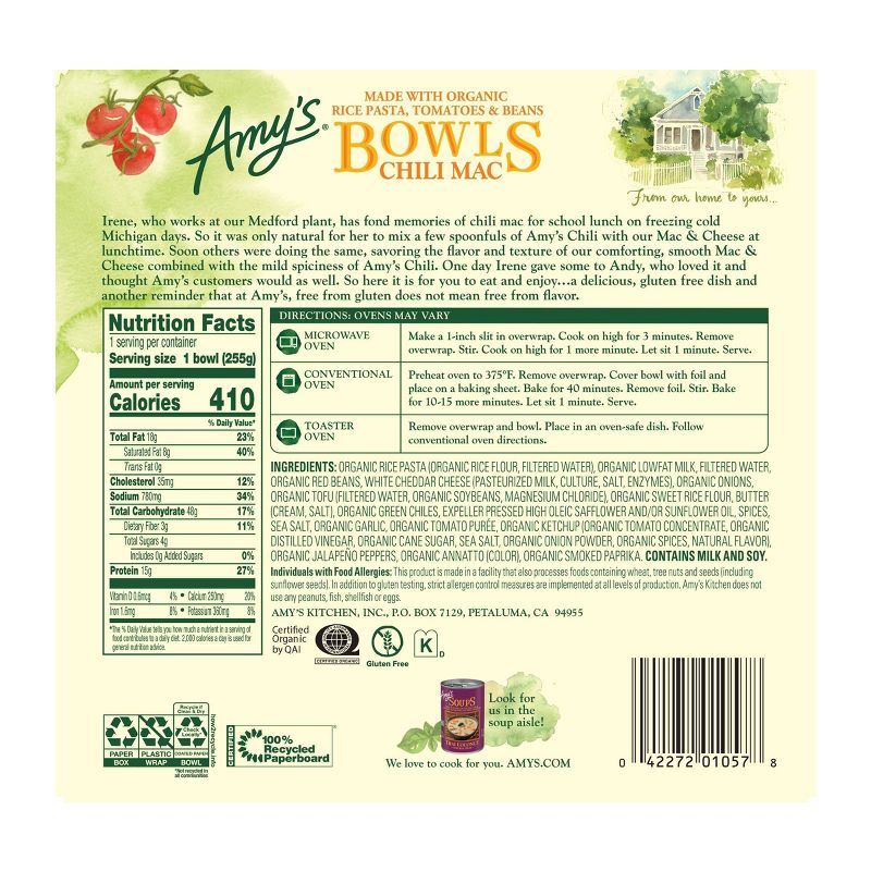 Amy's Gluten Free Frozen Chili Mac Bowl - 9oz