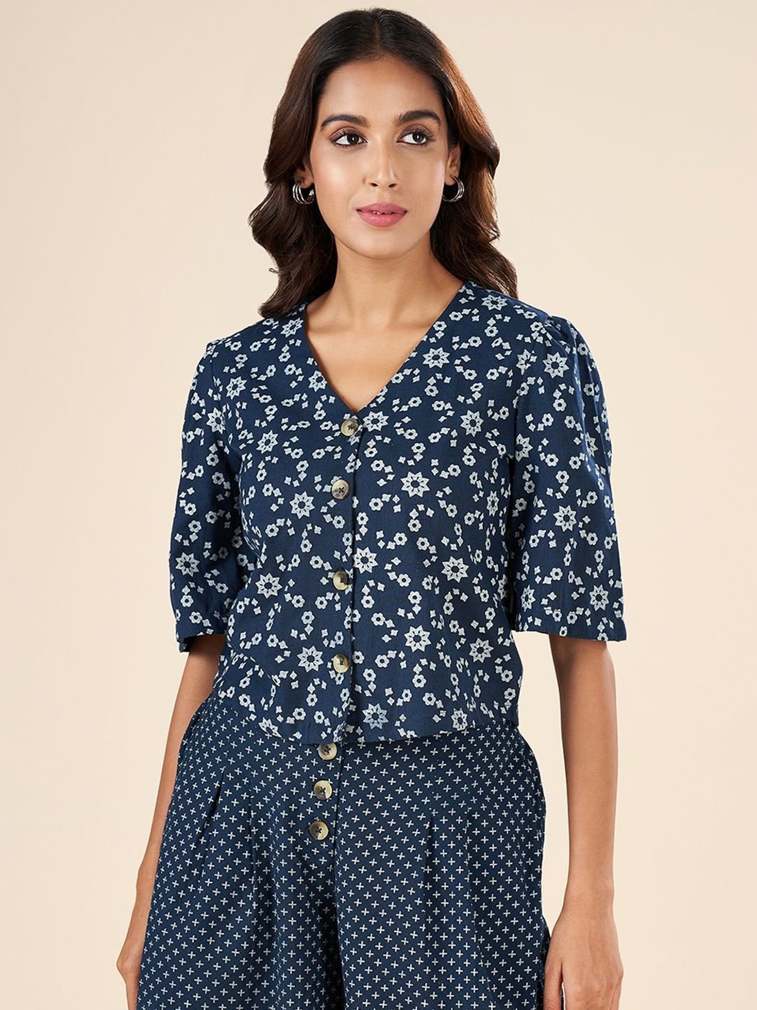 Akkriti by Pantaloons Blue Cotton Printed Top