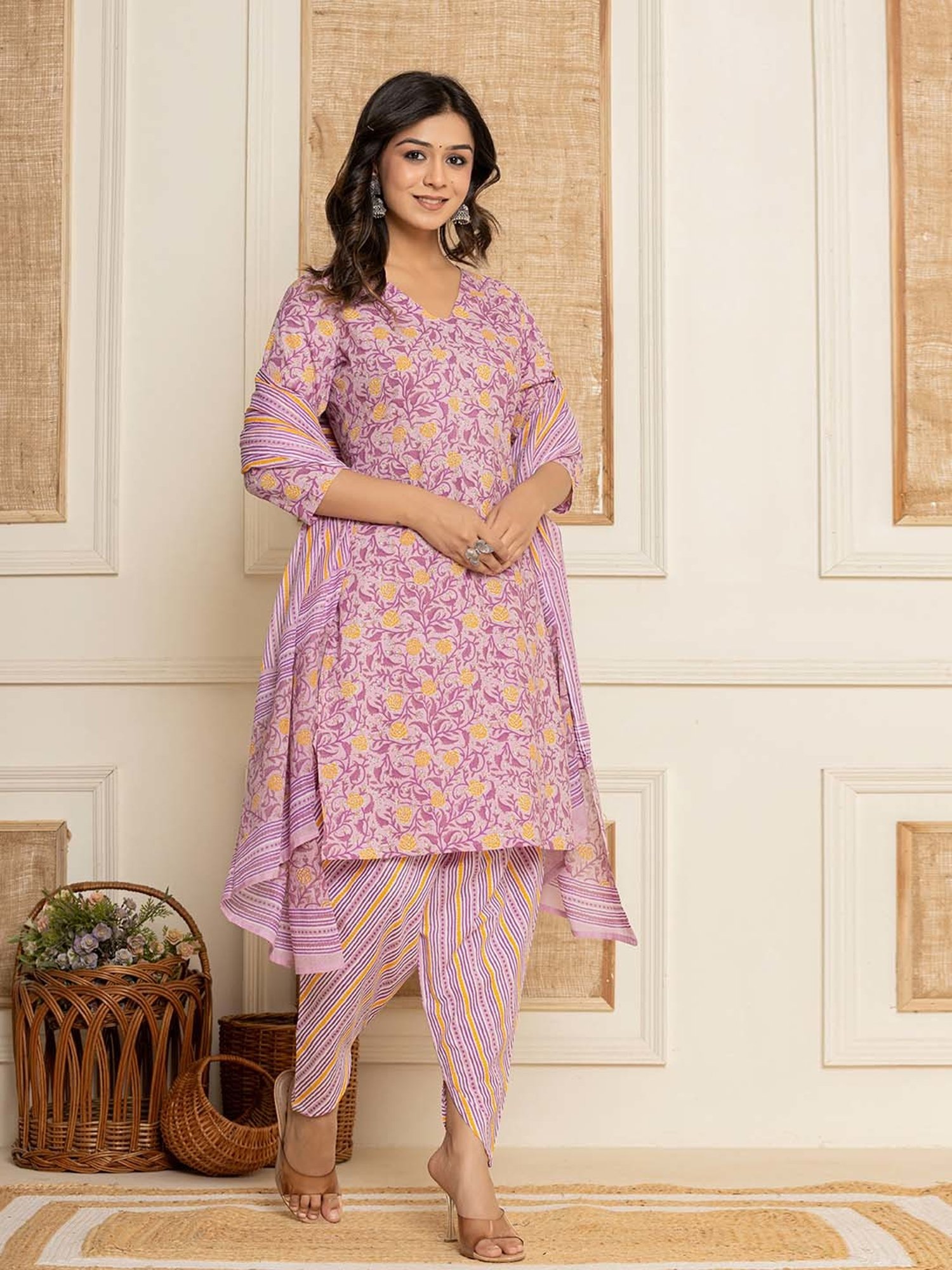 Yufta Purple Cotton Printed Kurta Dhoti Pant Set With Dupatta