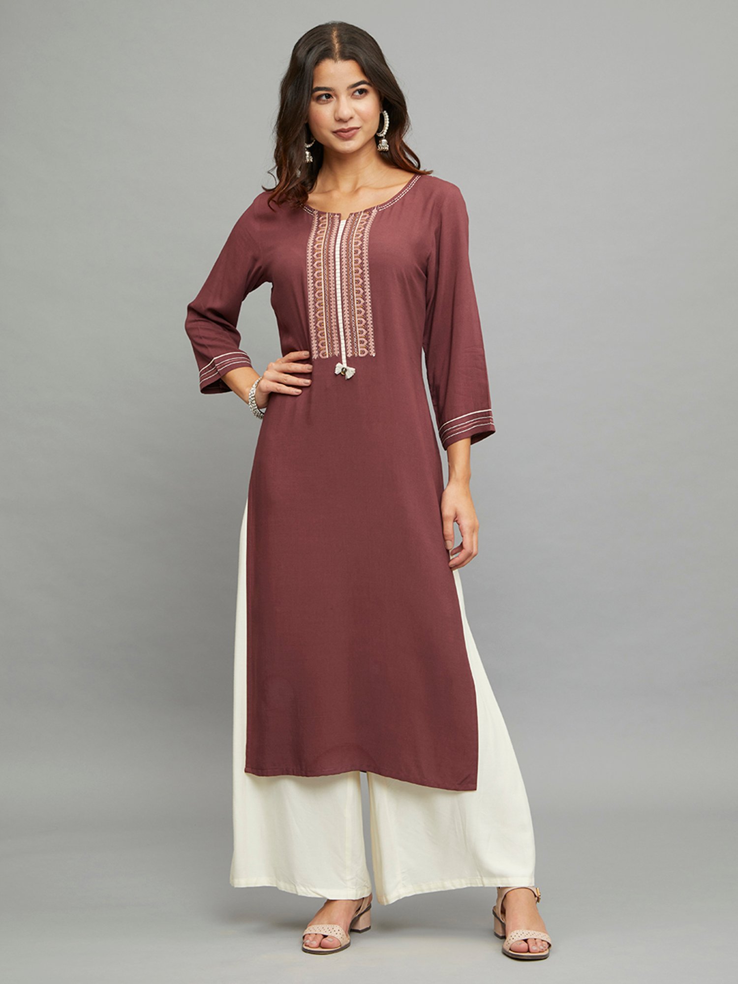 paislei Light Brown Embroidered A Line Kurta