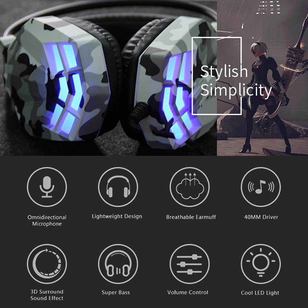 SY850MV Gaming Headset 3.5mm Wired Over Ear Headphones Noise Canceling E-Sport Earphone with Mic LED Light Volume Control AUX+USB for Desktop PC