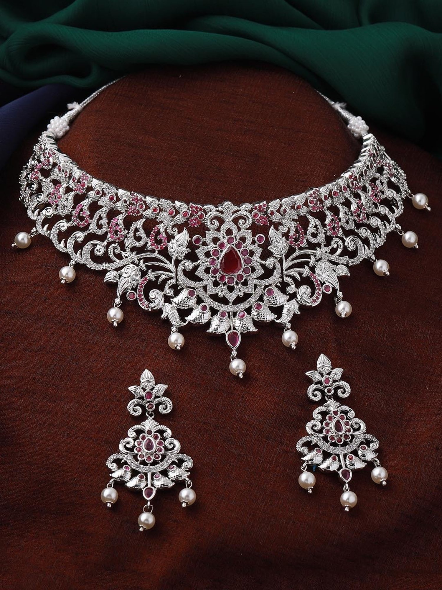 Estele Rhodium-Plated CZ Magnificent Bridal Necklace Set with Pearls for Women