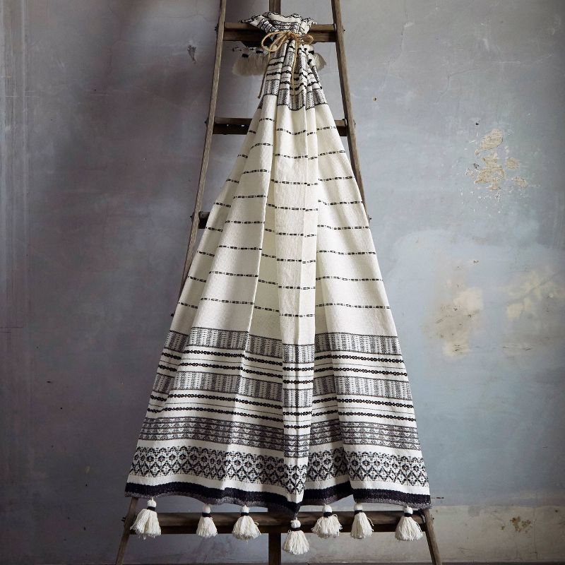 50"x60" Woven Striped Throw Blanket with Pom-Poms Black - Patina Vie