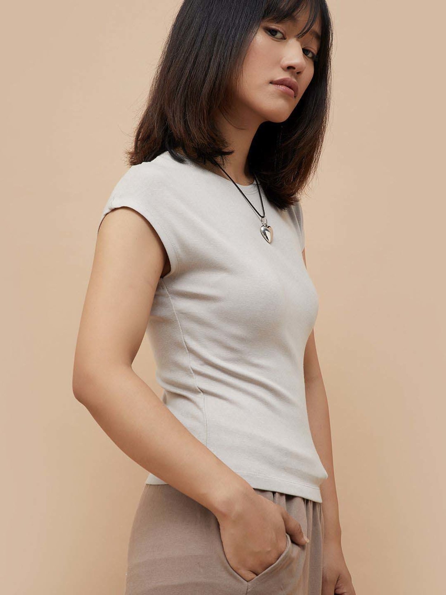 Ginger by Lifestyle Beige Cotton Plain Top