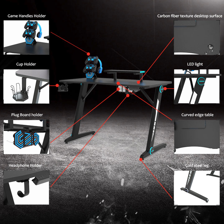 Gaming Desk Z-Shaped Computer Desk Gamer Workstation Gamer Table with RGB Lights Monitor Stand Carbon Fiber Surface Cup Holder Headphone Hook Plug Board Holder