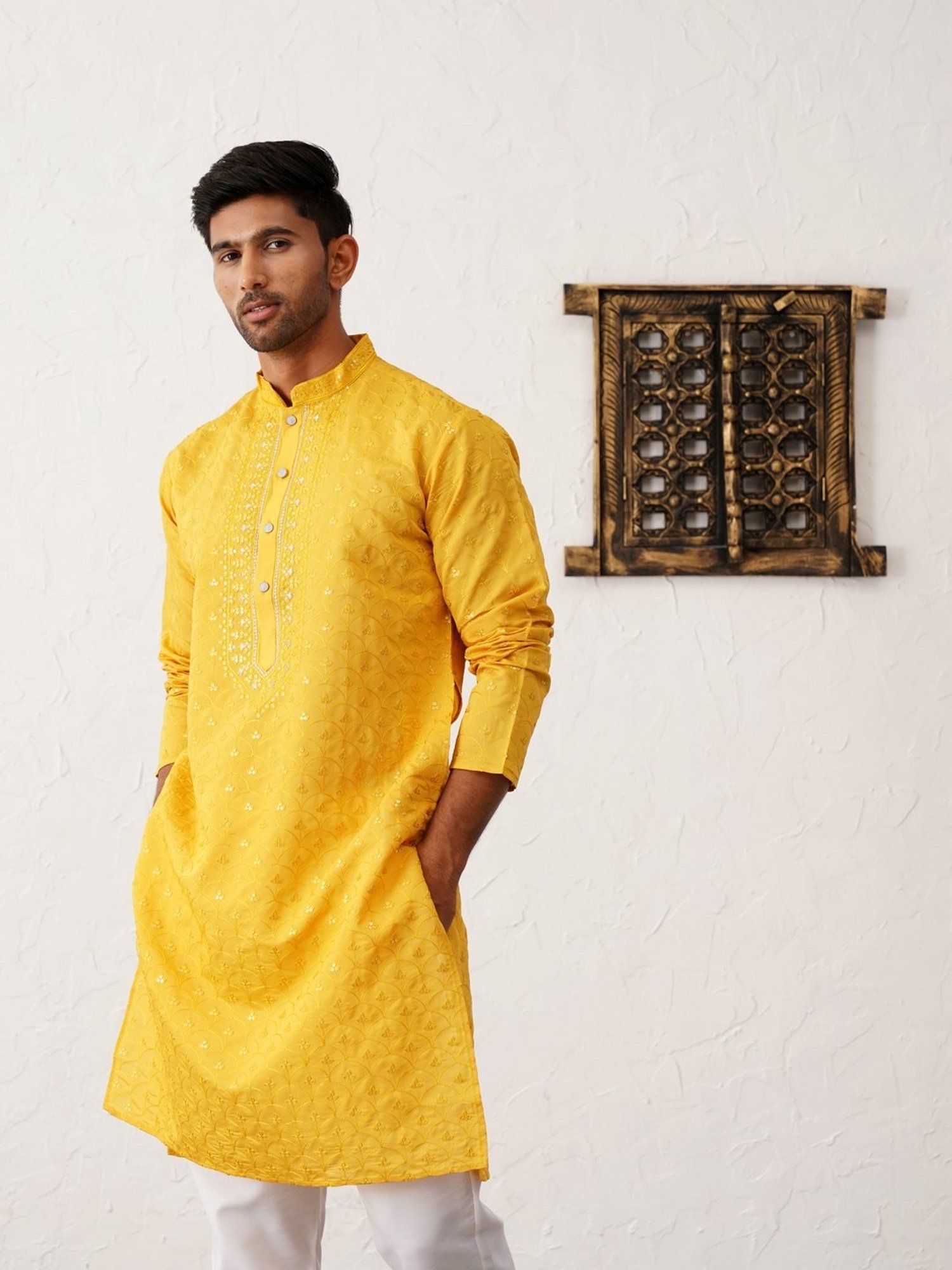 Jompers Yellow & White Regular Fit Embroidered Kurta Bottom Set