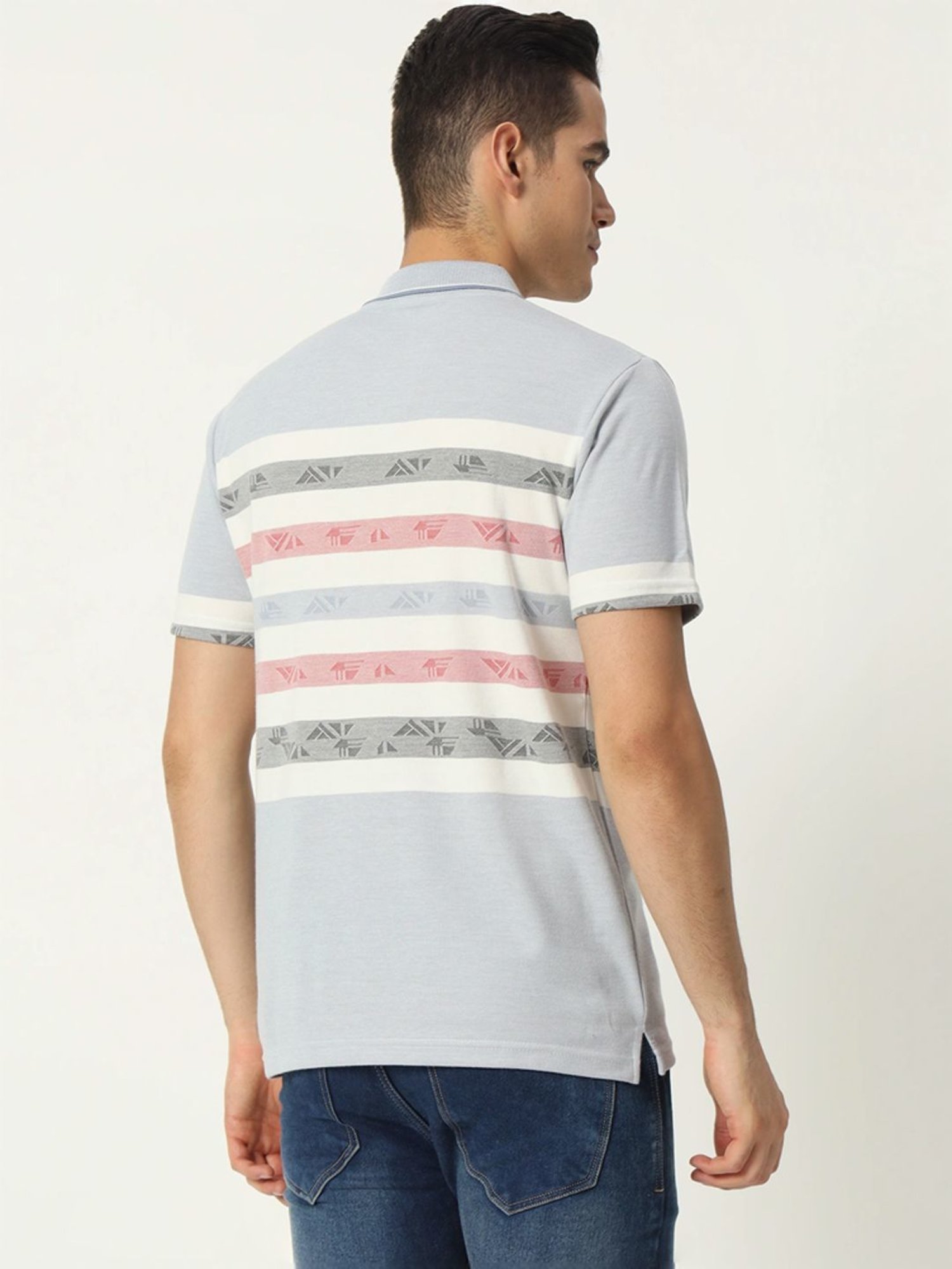 Tab91 Grey Regular Fit Striped Polo T-Shirts