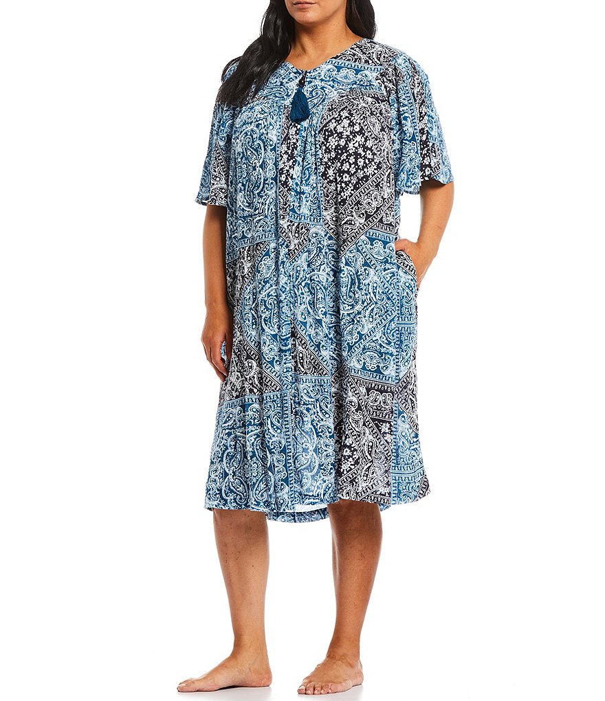 Kate Landry Plus Size Bandana Print Zip Front Crinkled Woven Patio Dress