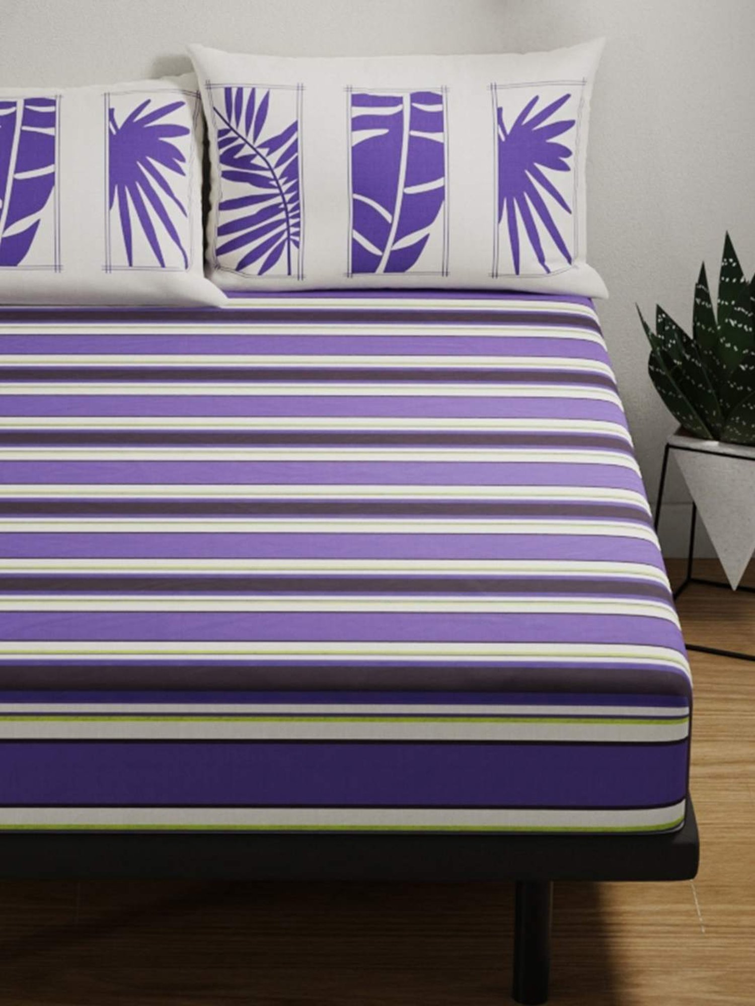 Bianca PLATINUM Stripes Purple 144 TC Cotton Double Bedsheet with 2 Pillow Covers