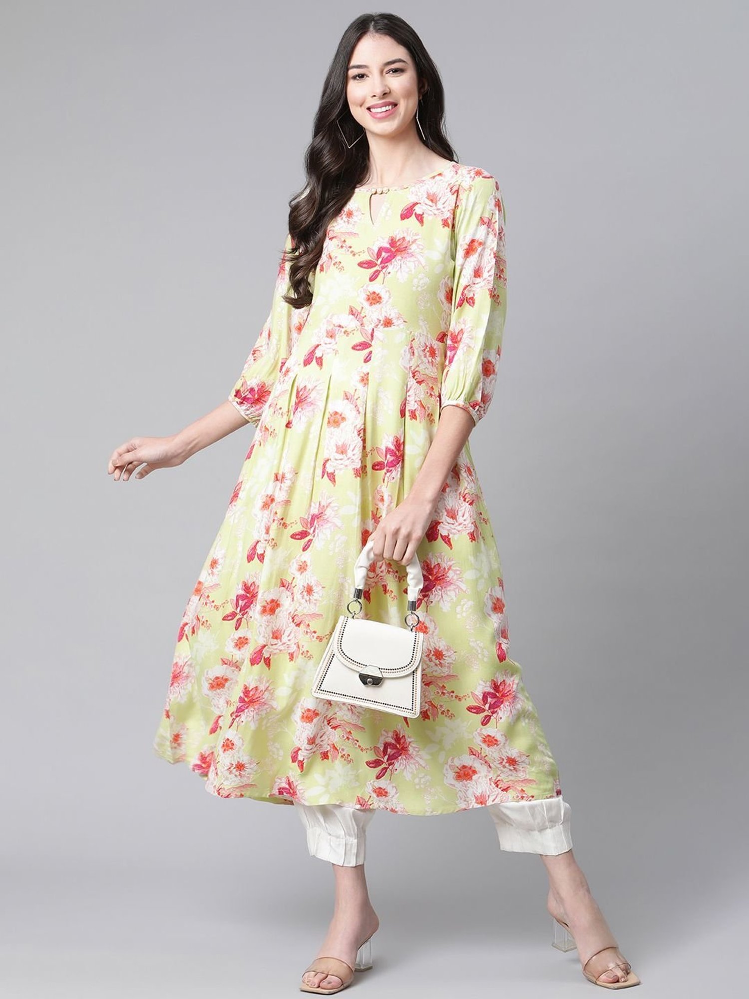 Indibelle Lime Green Floral Print A Line Kurta