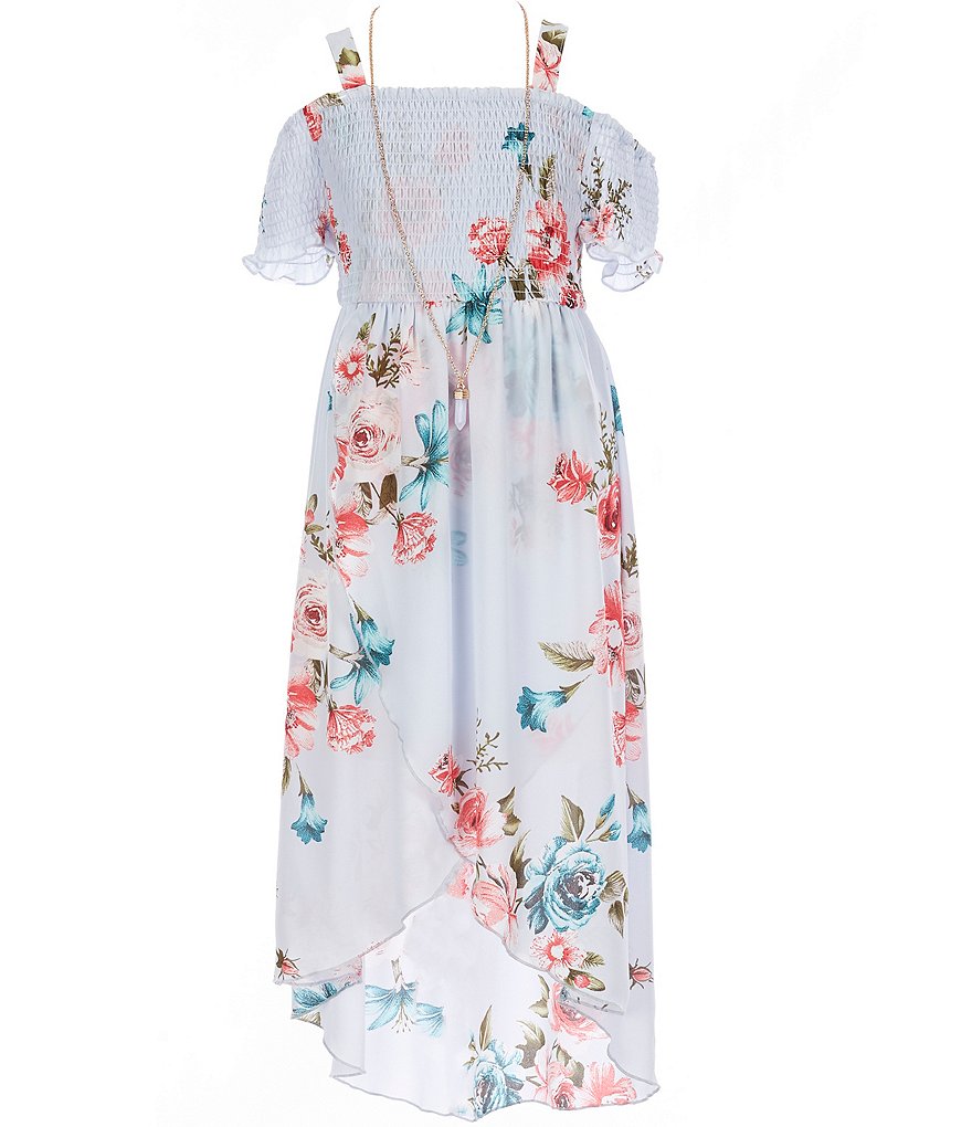 Rare Editions Big Girls 7-16 Cold-Shoulder Smocked Floral Hi-Low Dress