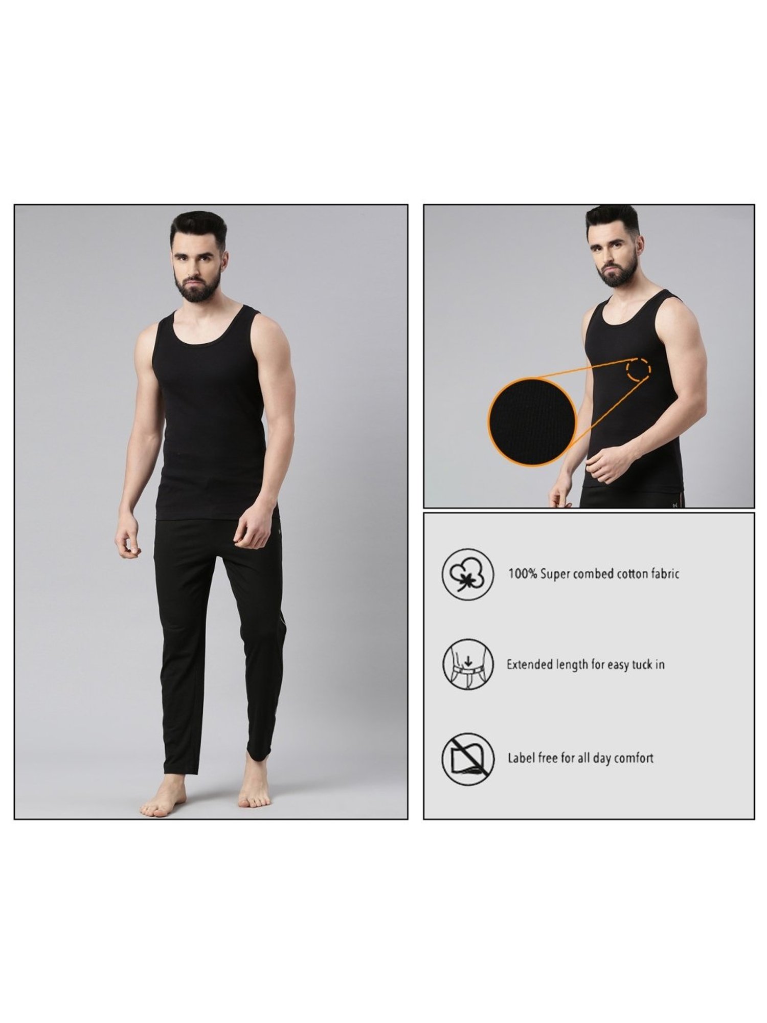 Force NXT Black Cotton Regular Fit Vest - Pack Of 8