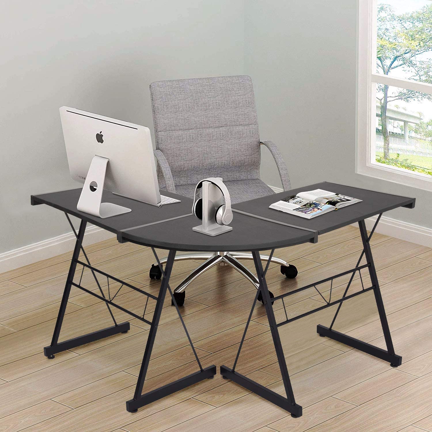 L Shaped Corner Desk, Industrial Style Computer Gaming Desk PC Laptop Workstation for Home Office, Black