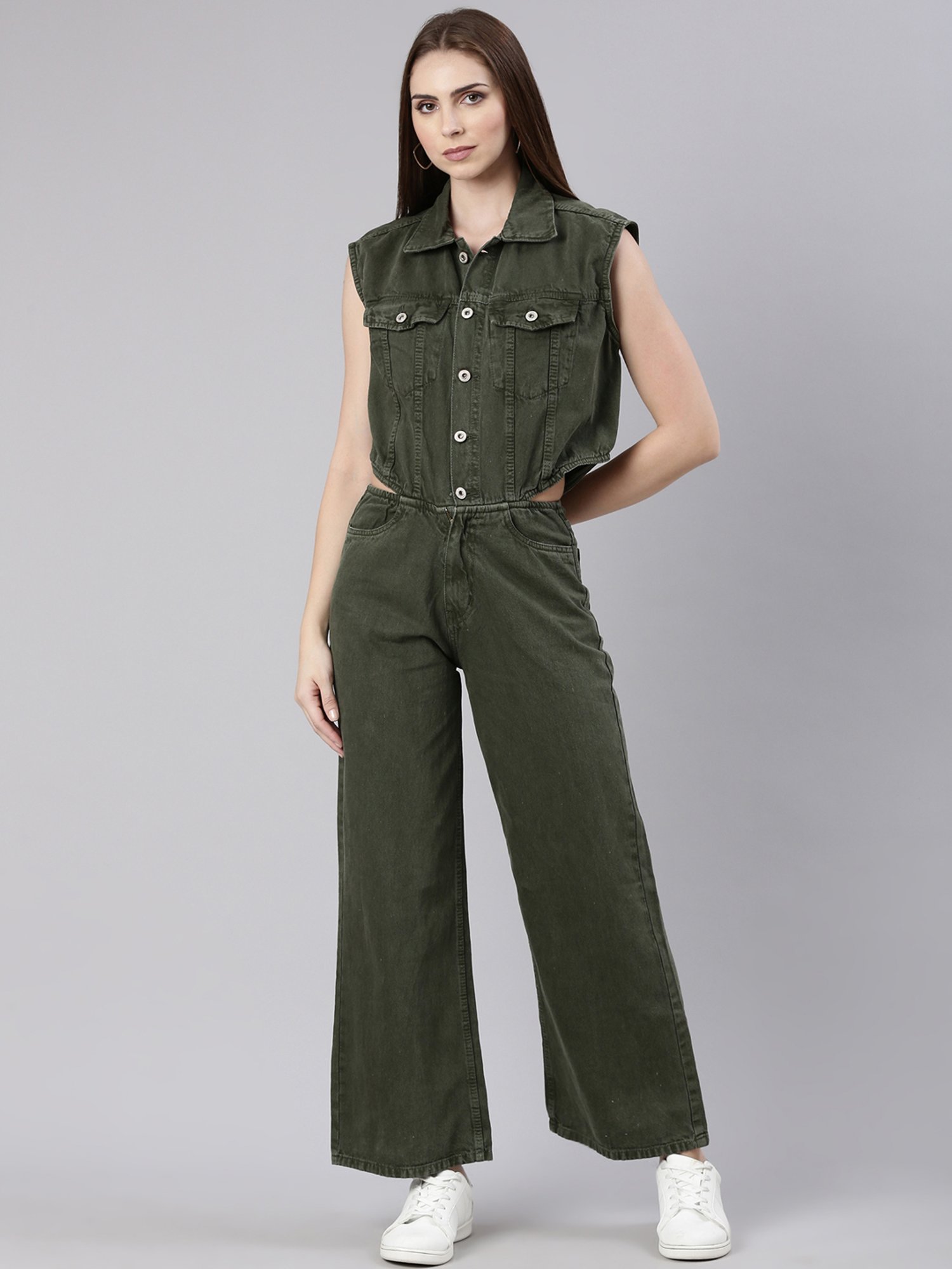 SHOWOFF Olive Denim Maxi Jumpsuit
