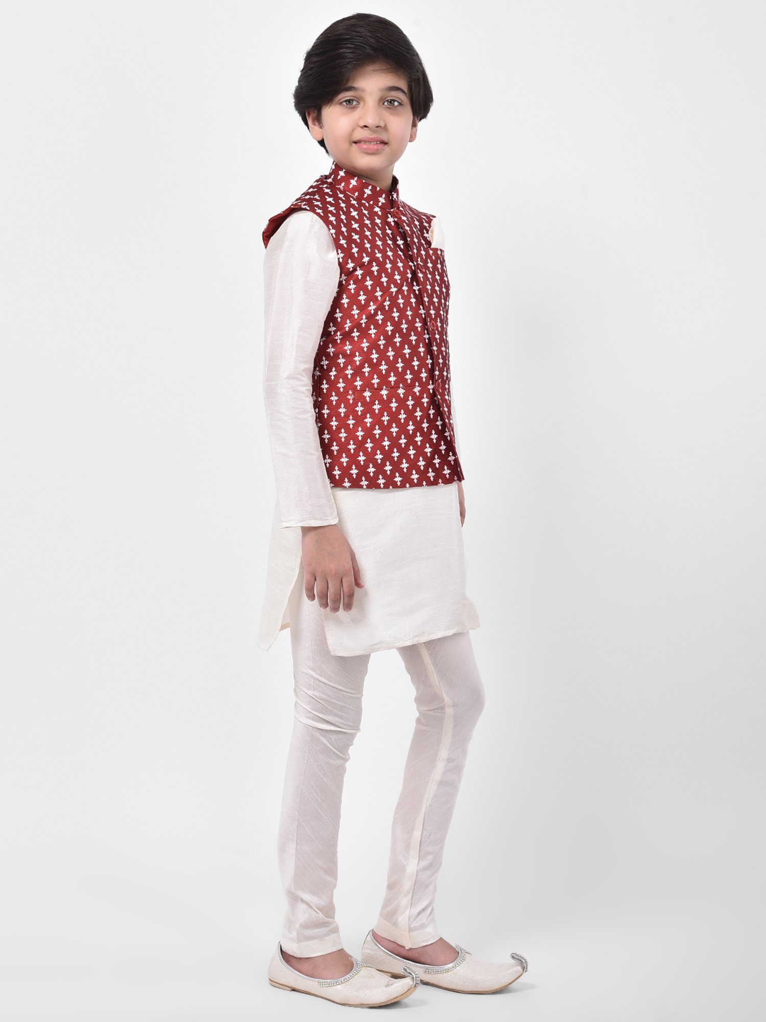Deyann Kids Off White & Red Printed Full Sleeves Kurta, Churidar Pants with Nehru Jacket