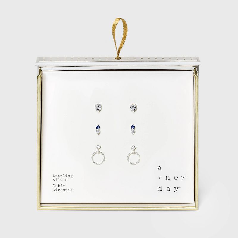 Sterling Silver with Cubic Zirconia Hoop and Studs Trio Earring Set - A New Day™ Silver