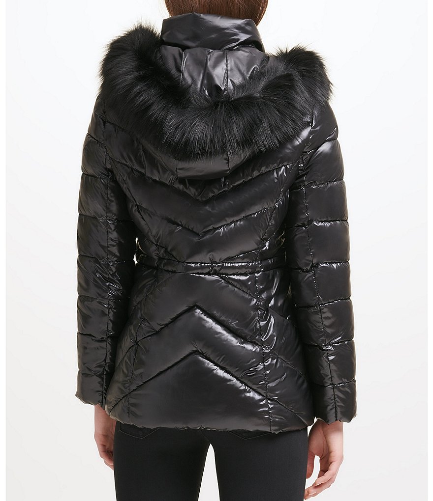 Kenneth Cole New York Water Resistant Faux Fur Trim Stand Collar Hooded Chevron Quilted Puffer Jacket