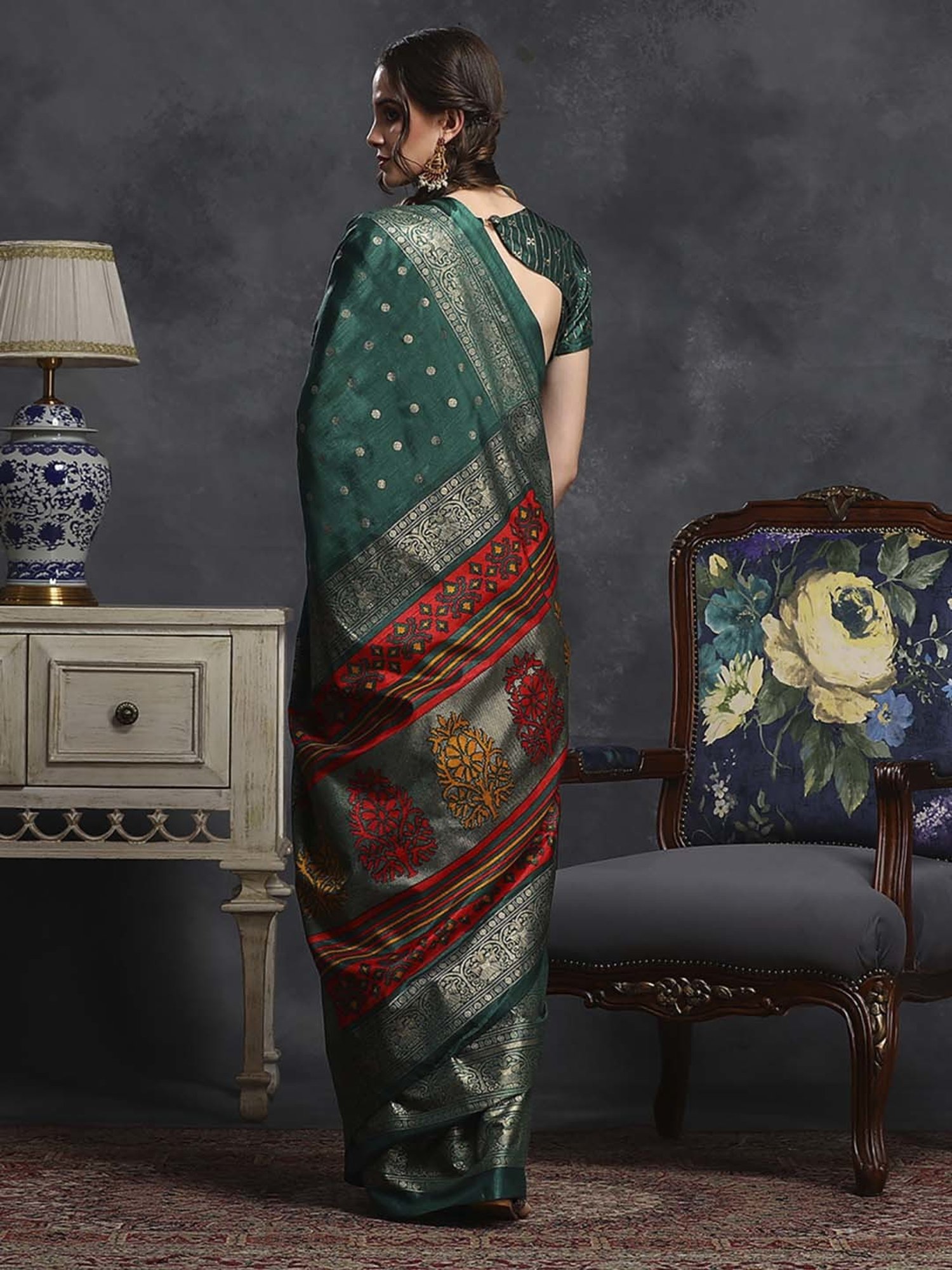 Saree Mall Green & White Silk Printed Saree With Unstitched Blouse
