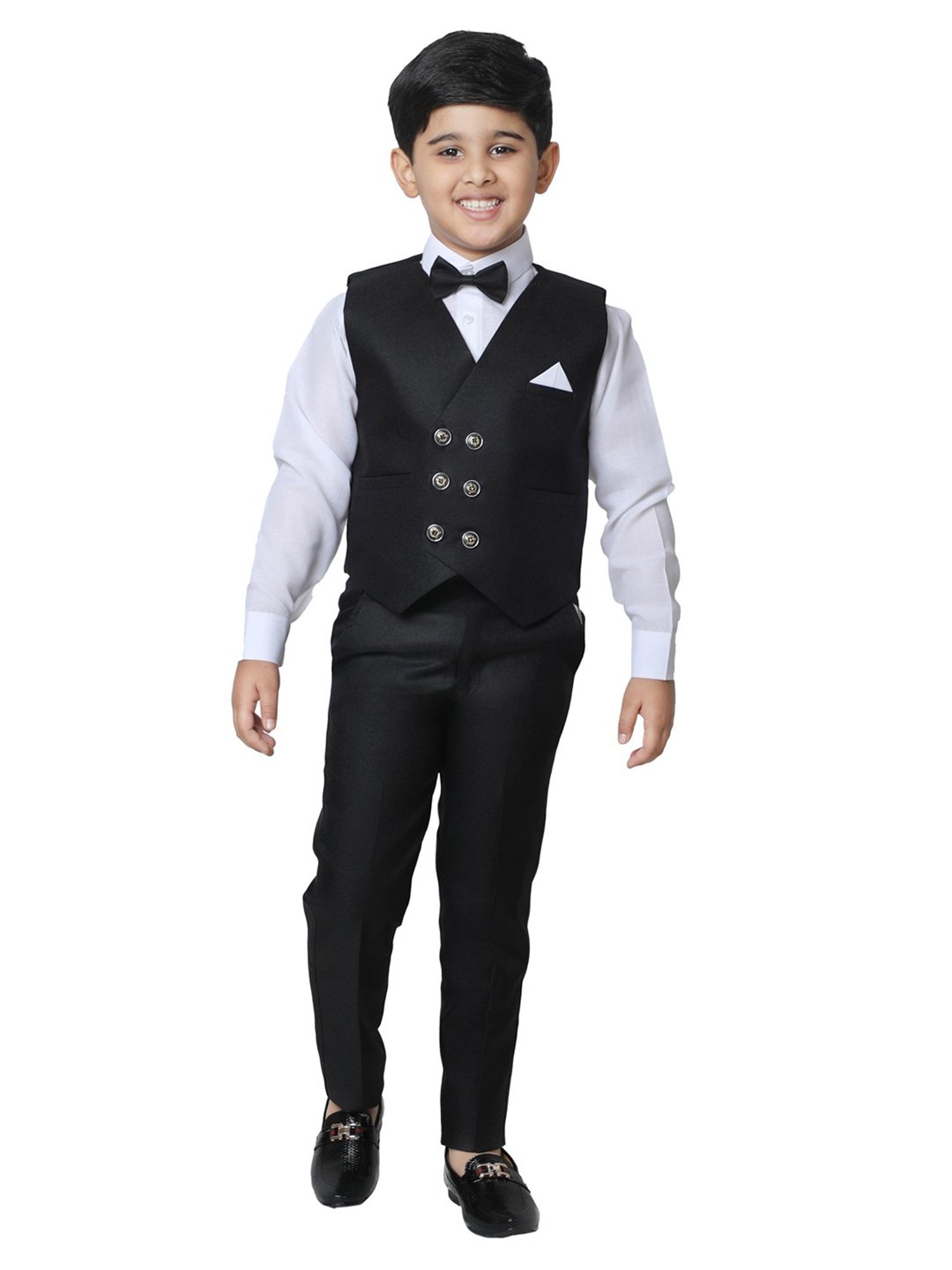 Pro-Ethic Style Developer Kids Black & White Solid Full Sleeves Shirt, Waistcoat, Pants with Bow