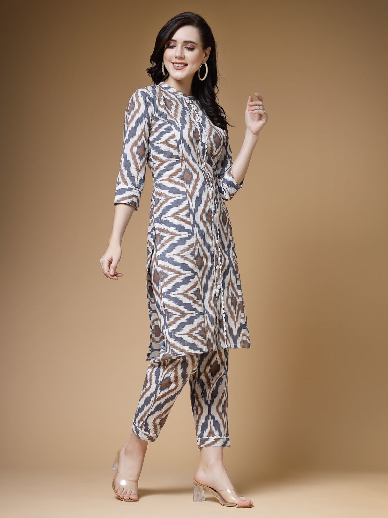 Indibelle Grey Cotton Printed A Line Kurta
