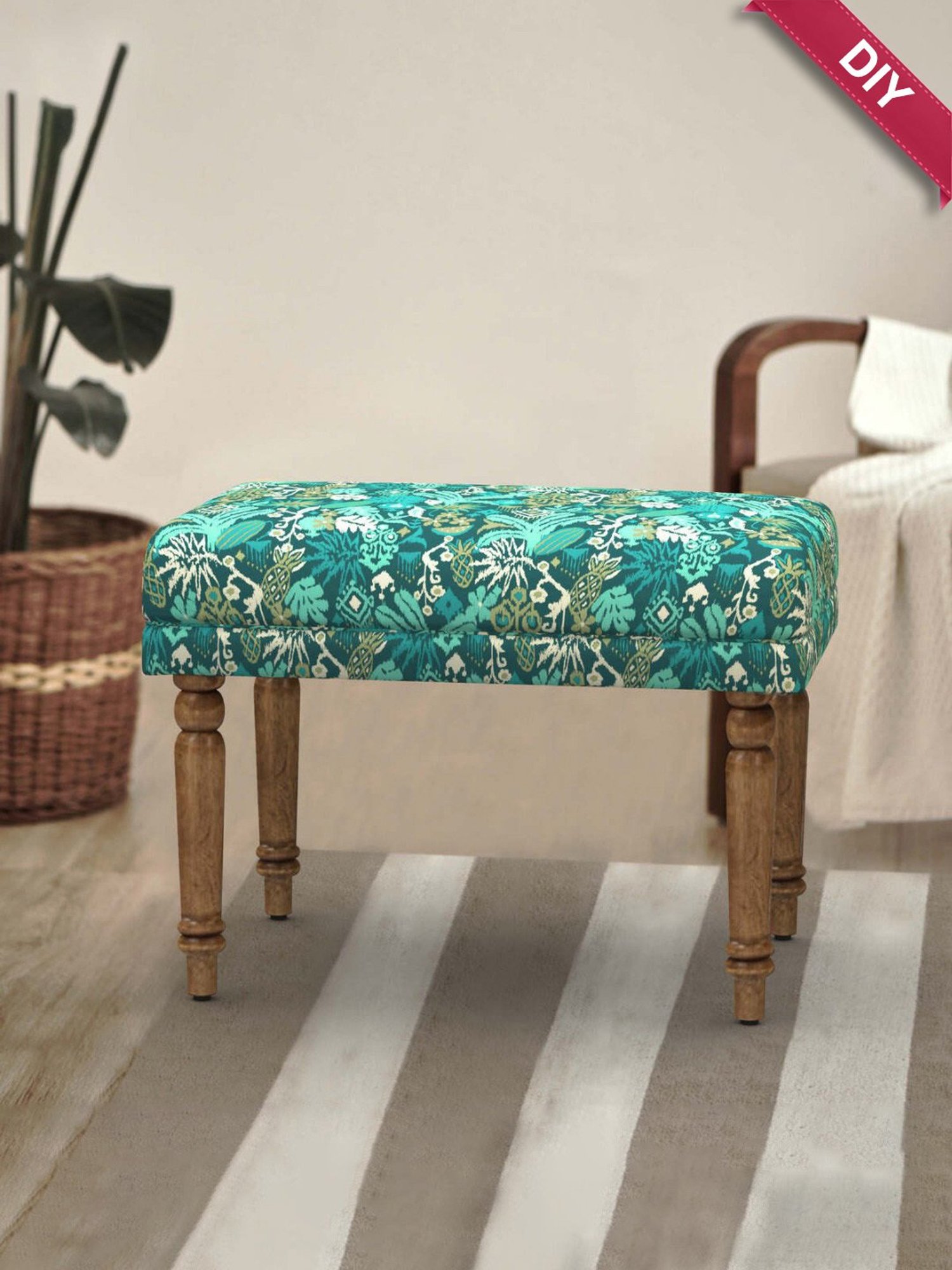 Chumbak Nawaab Tropical Ikat Green Sheesham Wood Small Bench