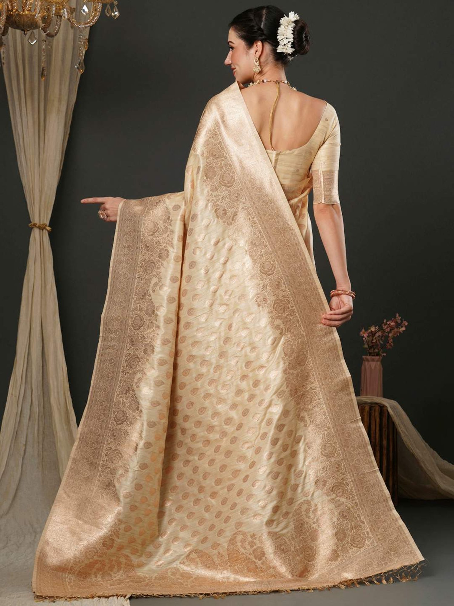 Saree Mall Beige Woven Saree With Unstitched Blouse