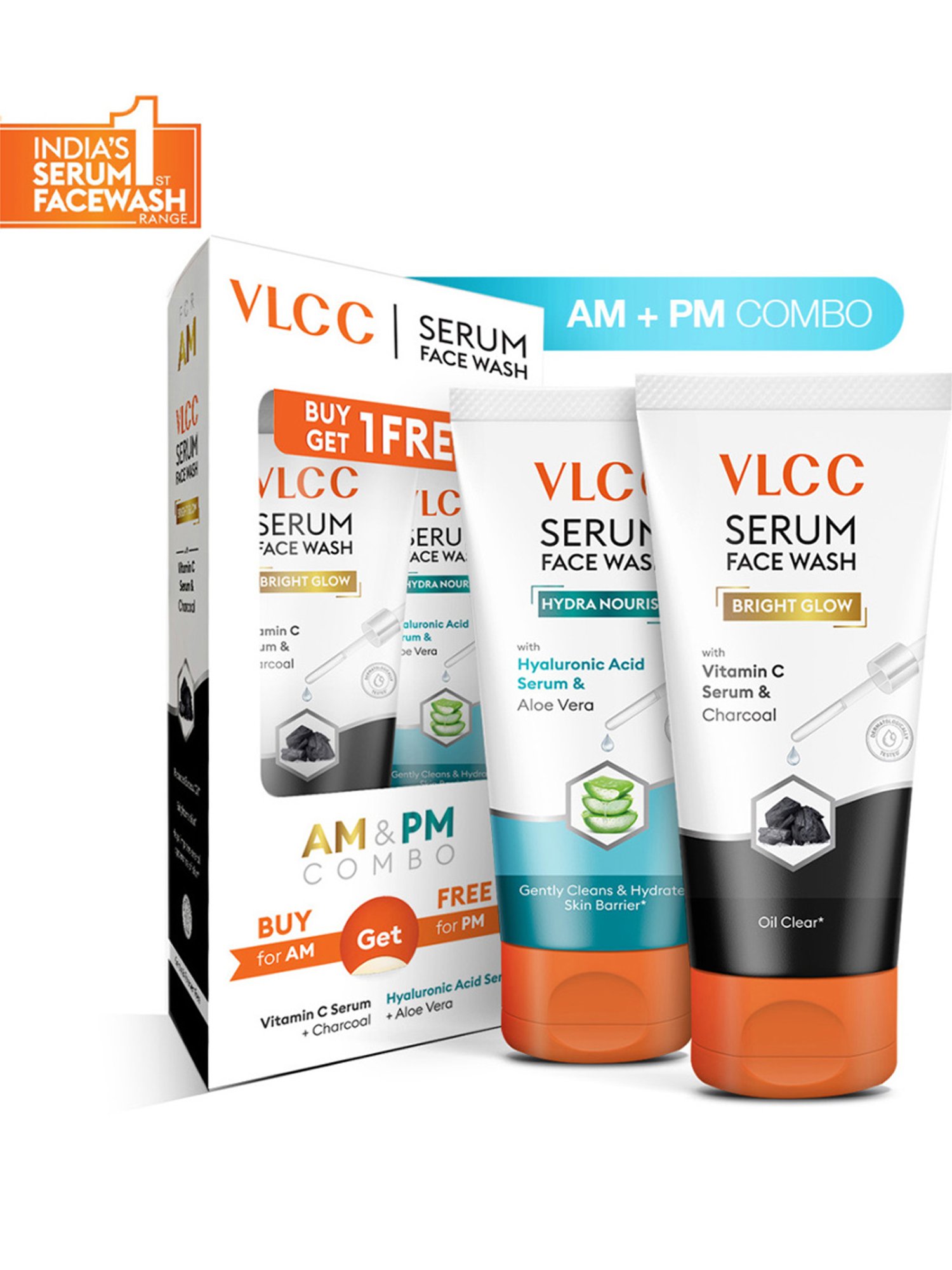VLCC Bright Glow Charcoal for AM & Hydra Nourish Aloe Vera for PM Face Wash Combo