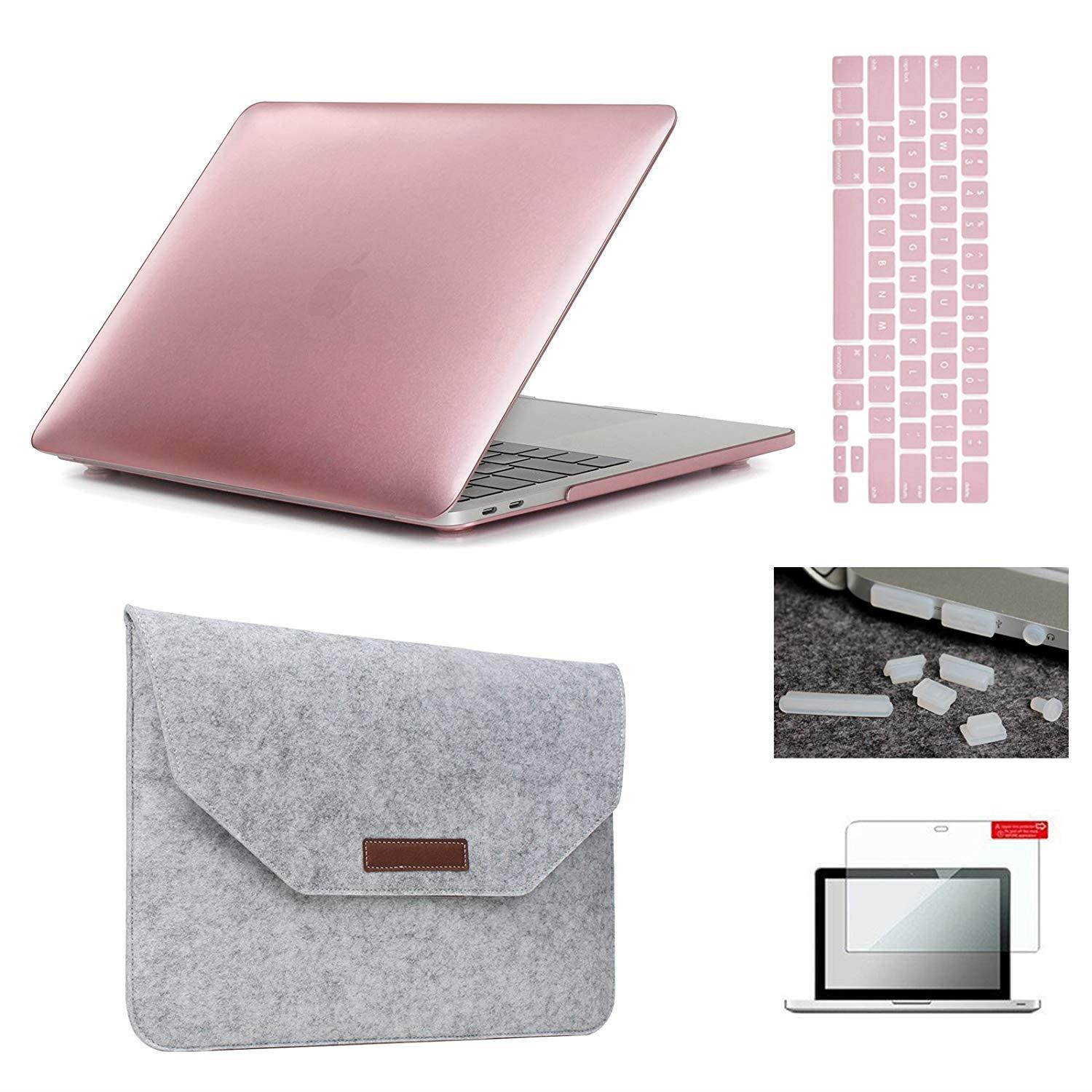 MacBook Pro 15"(2016 & 2017 Release) Hardshell Case & Felt Sleeve[5 in 1 Bundle] with Screen Protector,Keyboard Cover & Dust Plug for Latest MacBook Pro 15" A1707 w/Touch Bar Touch ID - Rose Gold