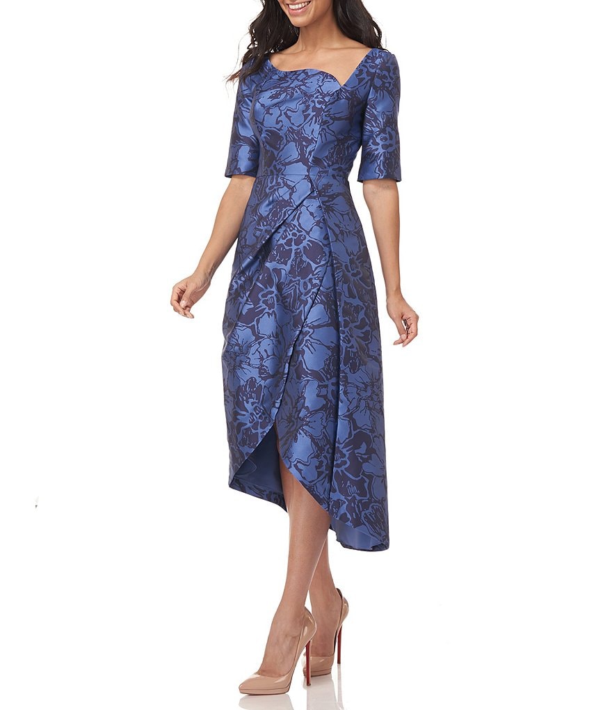 Kay Unger Long Bishop Sleeve V-Neck Crepe A-Line Dress