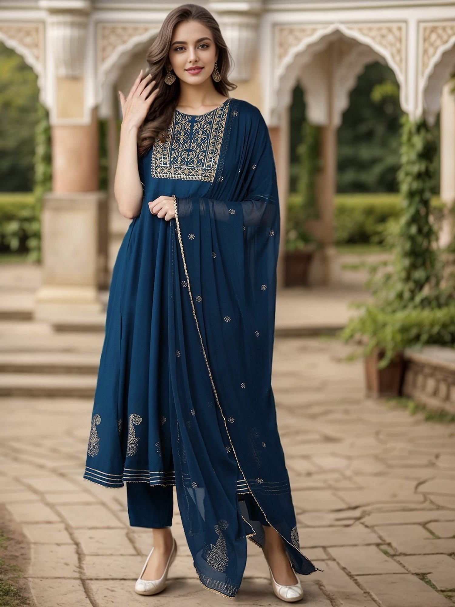 Vaamsi Teal Blue Cotton Embroidered Kurta Pant Set With Dupatta