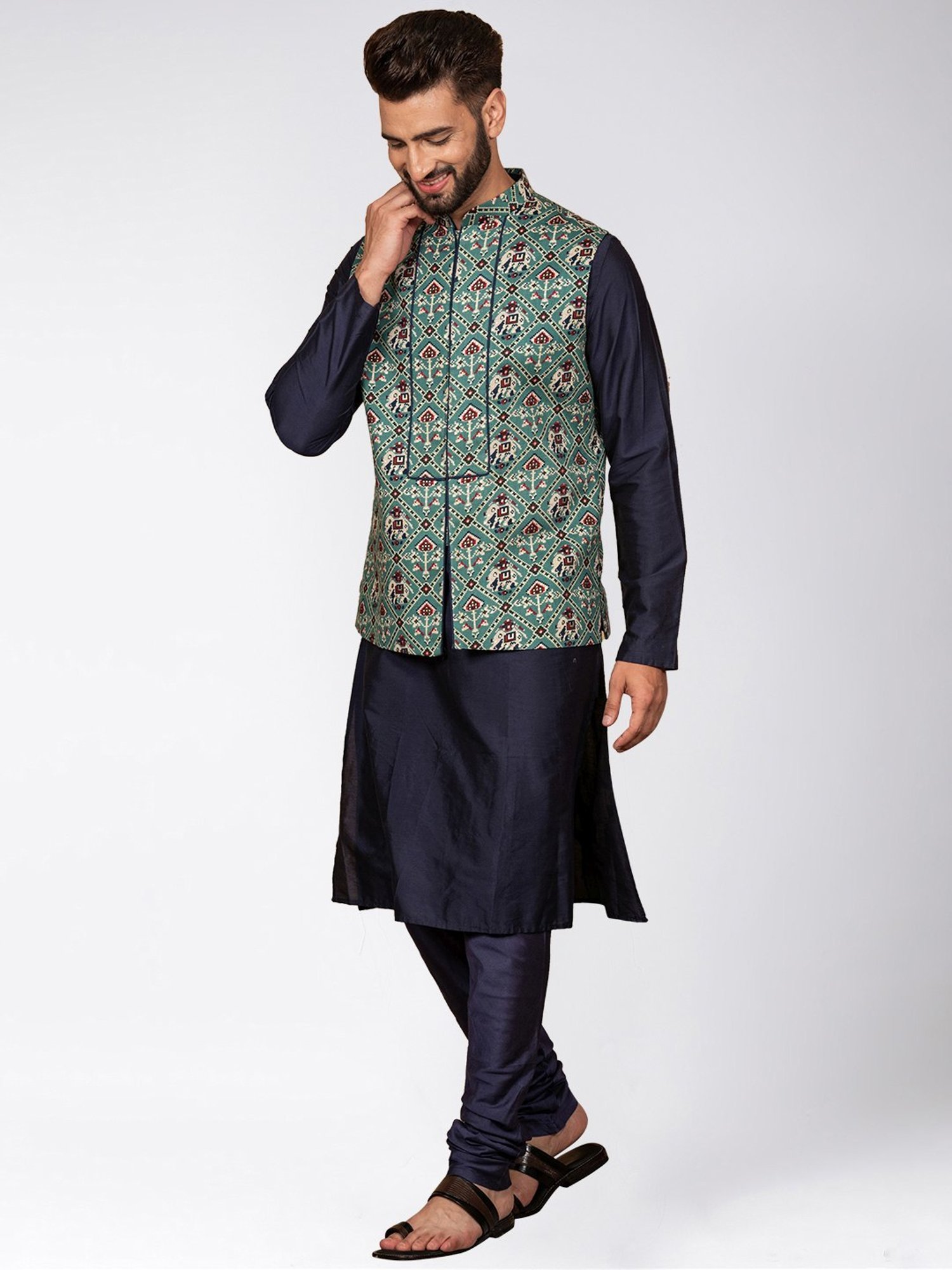 KISAH Green & Navy Regular Fit Printed Kurta Set with Jacket