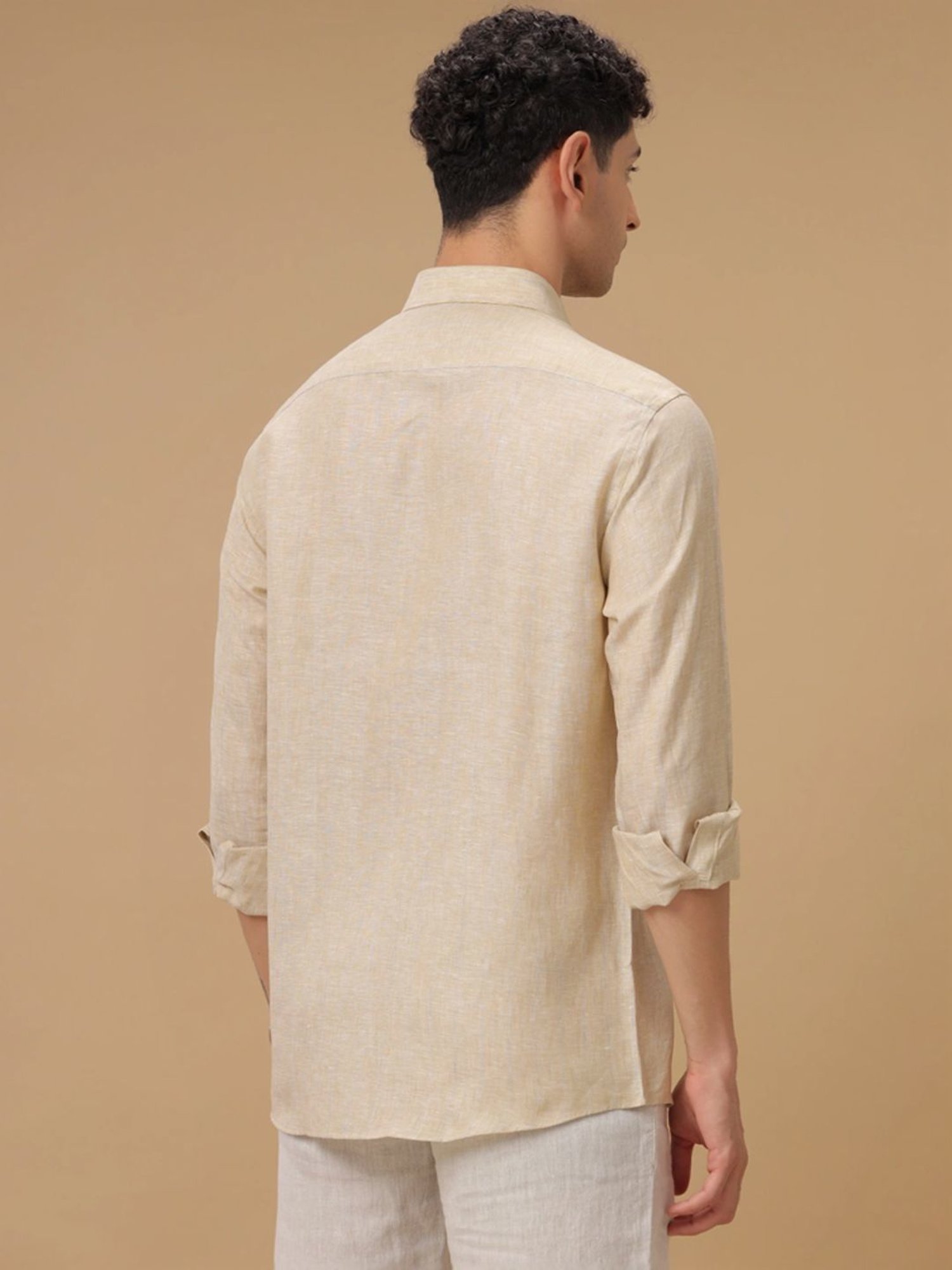 Linen Club Beige Linen Contemporary Fit Striped Shirt