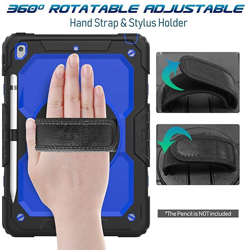 iPad 102 Case 2020 2019 iPad 8th 7th Generation Case with Pencil Holder 360&deg; Rotatable Stand with Hand Strap Shoulder Strap Builtin Screen Protector iPad 87 Generation CaseDark Blue