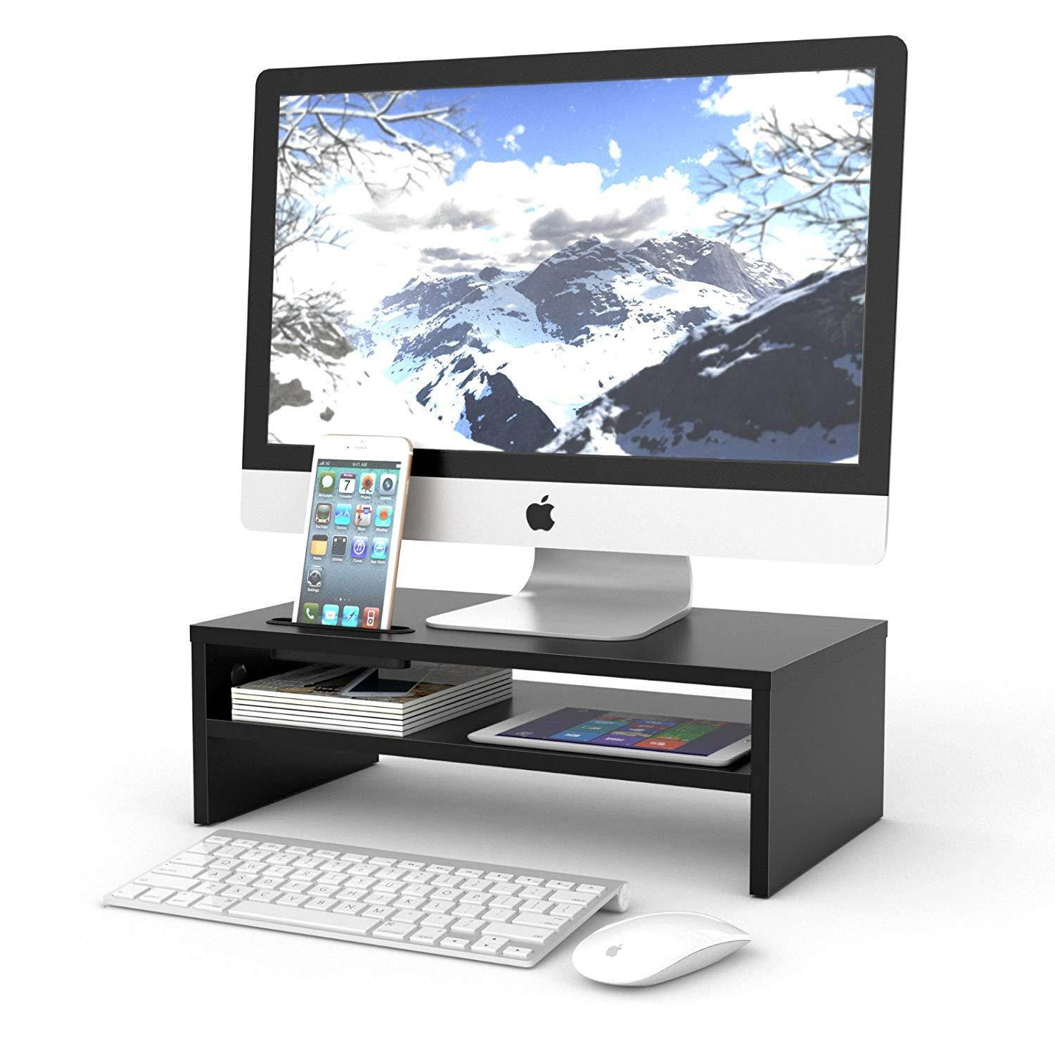 1homefurnit Universal Wood Monitor Stands Speaker TV PC Laptop Computer Screen Riser Desk Organizer 16.7 inch with Shelf Black