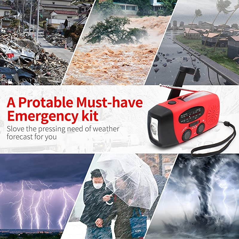 Hand Crank Radio Portable Self Powered AMFMNOAA Solar Wind Up Weather Radio with LED Flashlight USB Rechargeable 1000mAh Power Bank for Cell Phone Charger Red