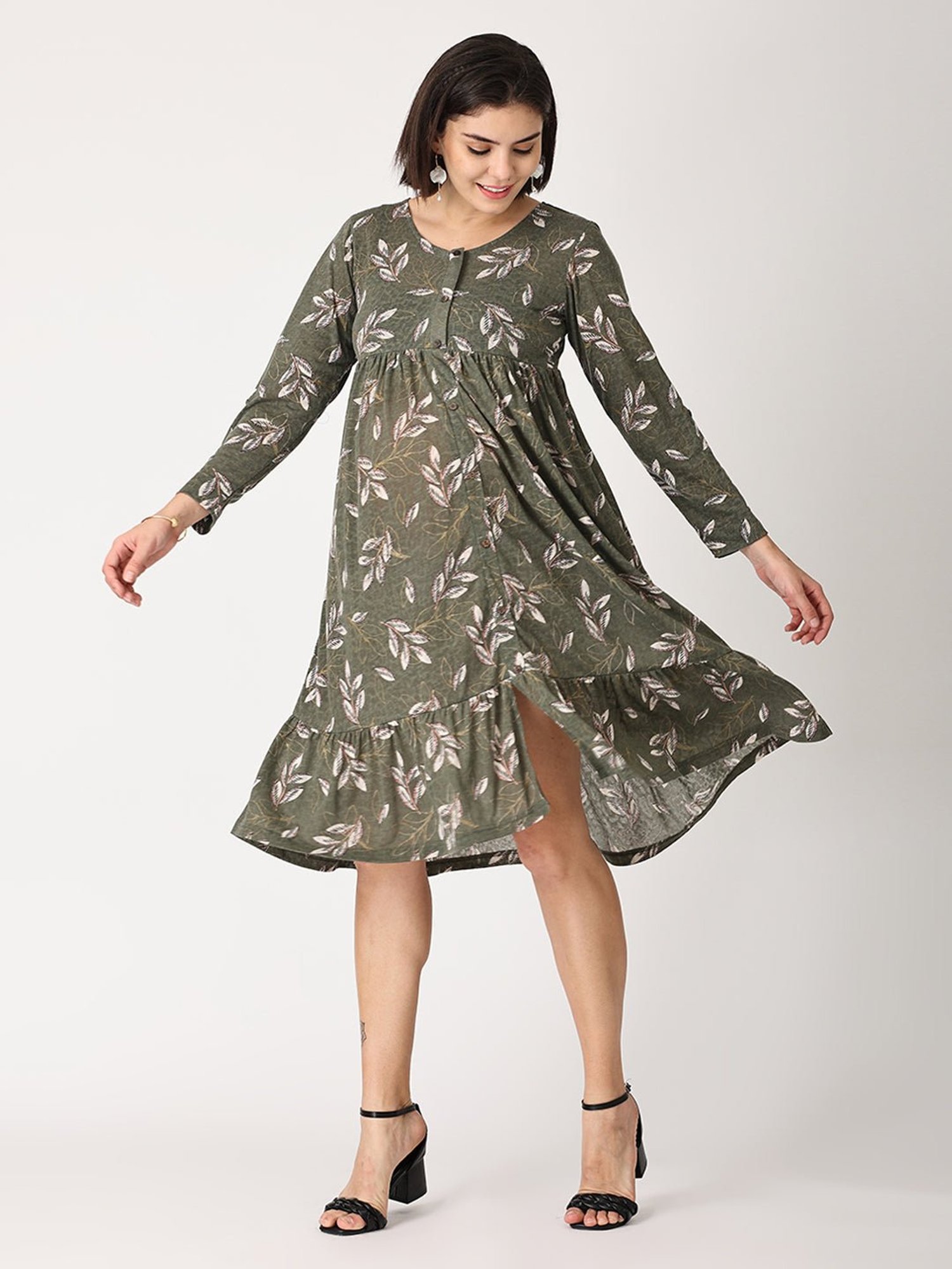 The Mom Store Olive Printed Maternity & Nursing Dress