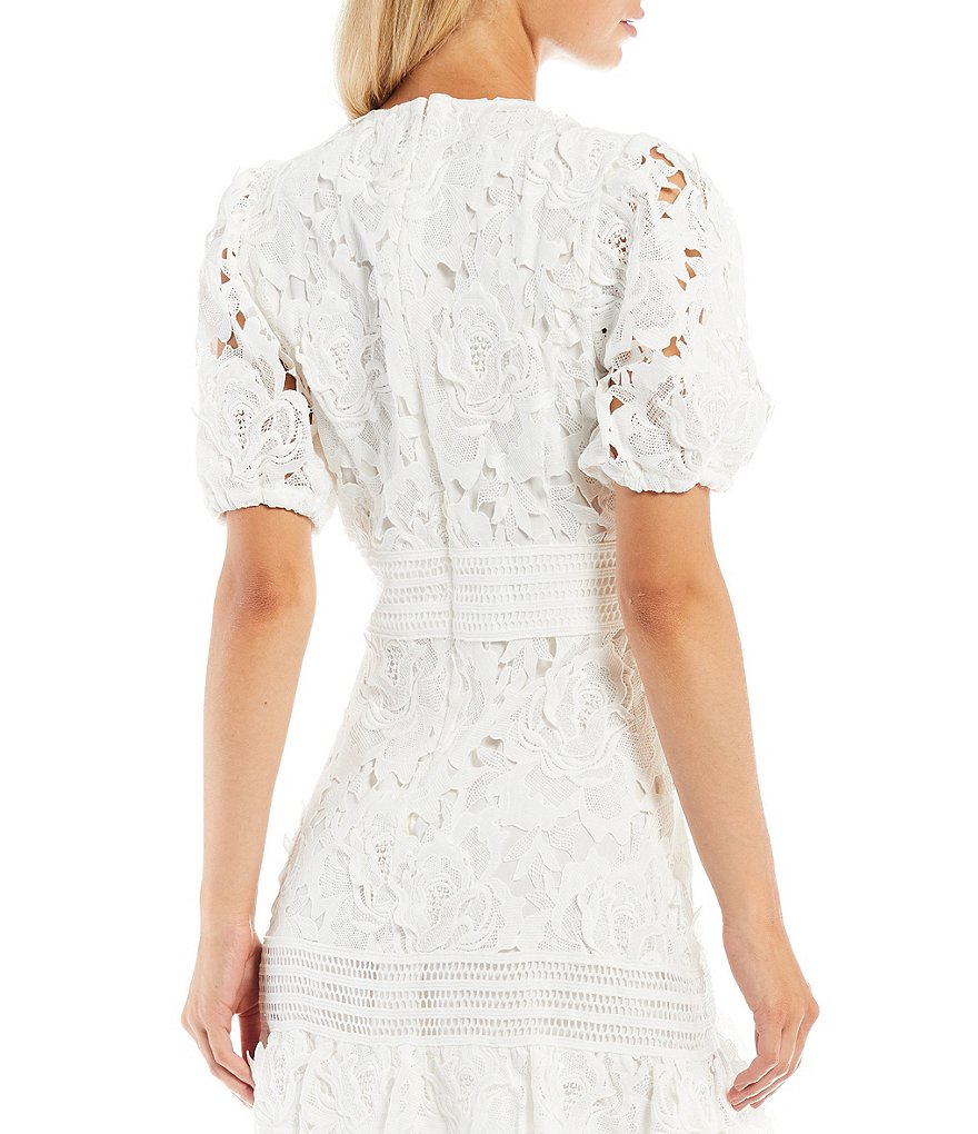 Adelyn Rae Plunge V-Neck Lace Short Sleeve A-Line Mini Dress
