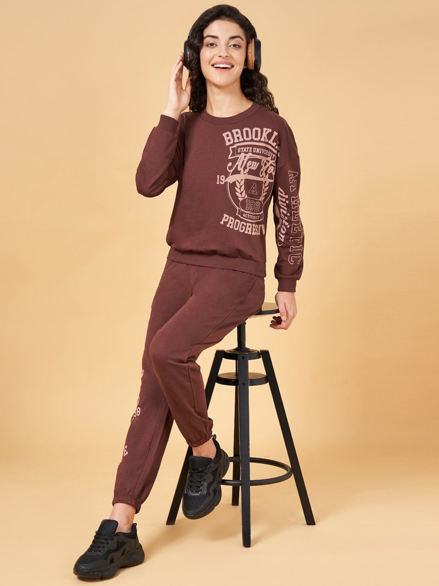 Ajile by Pantaloons Brown Cotton Printed Sports Sweatshirt