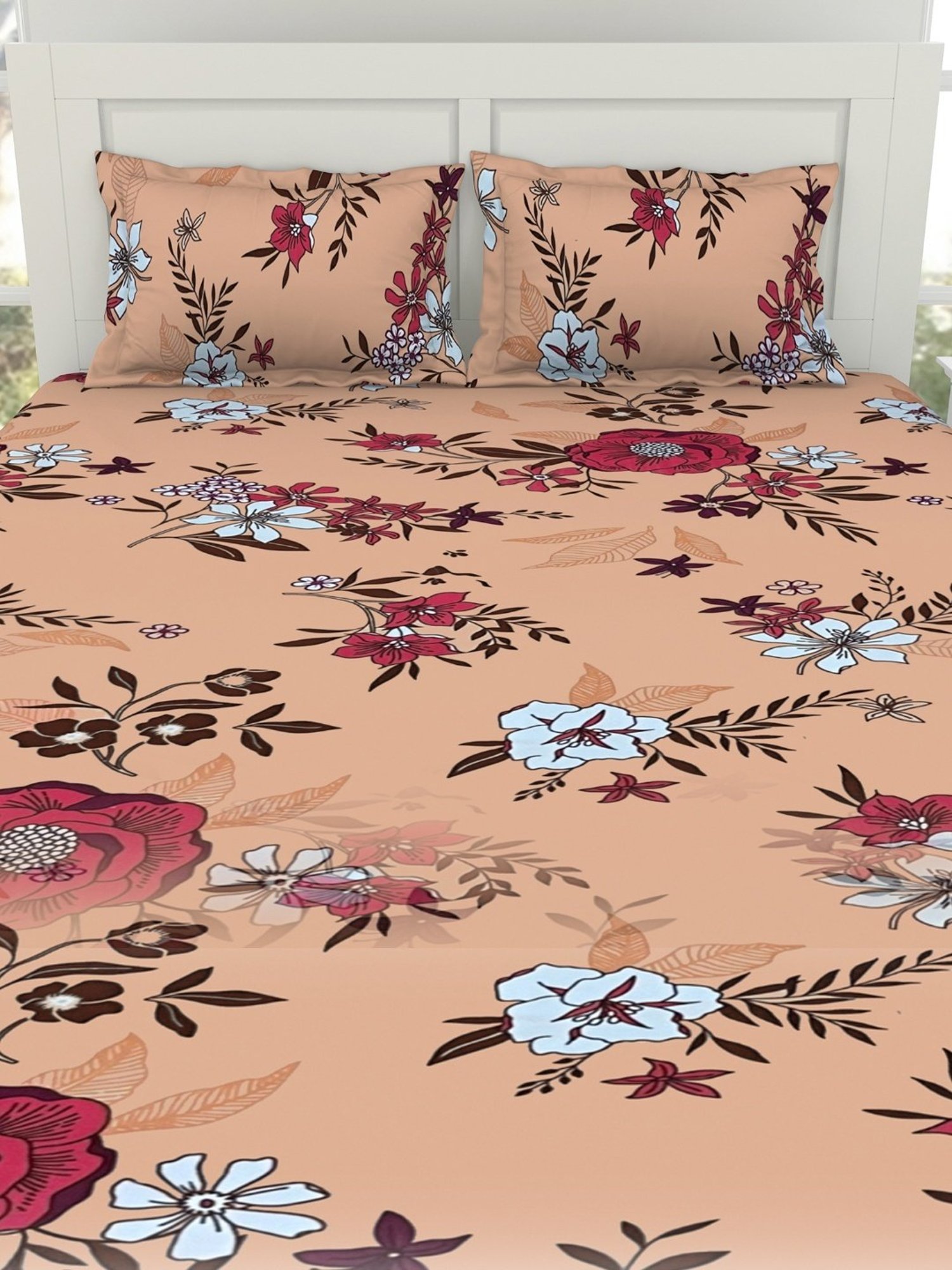 Welspun Floral Peach Microfiber Double Bedsheet with 2 Pillow Covers
