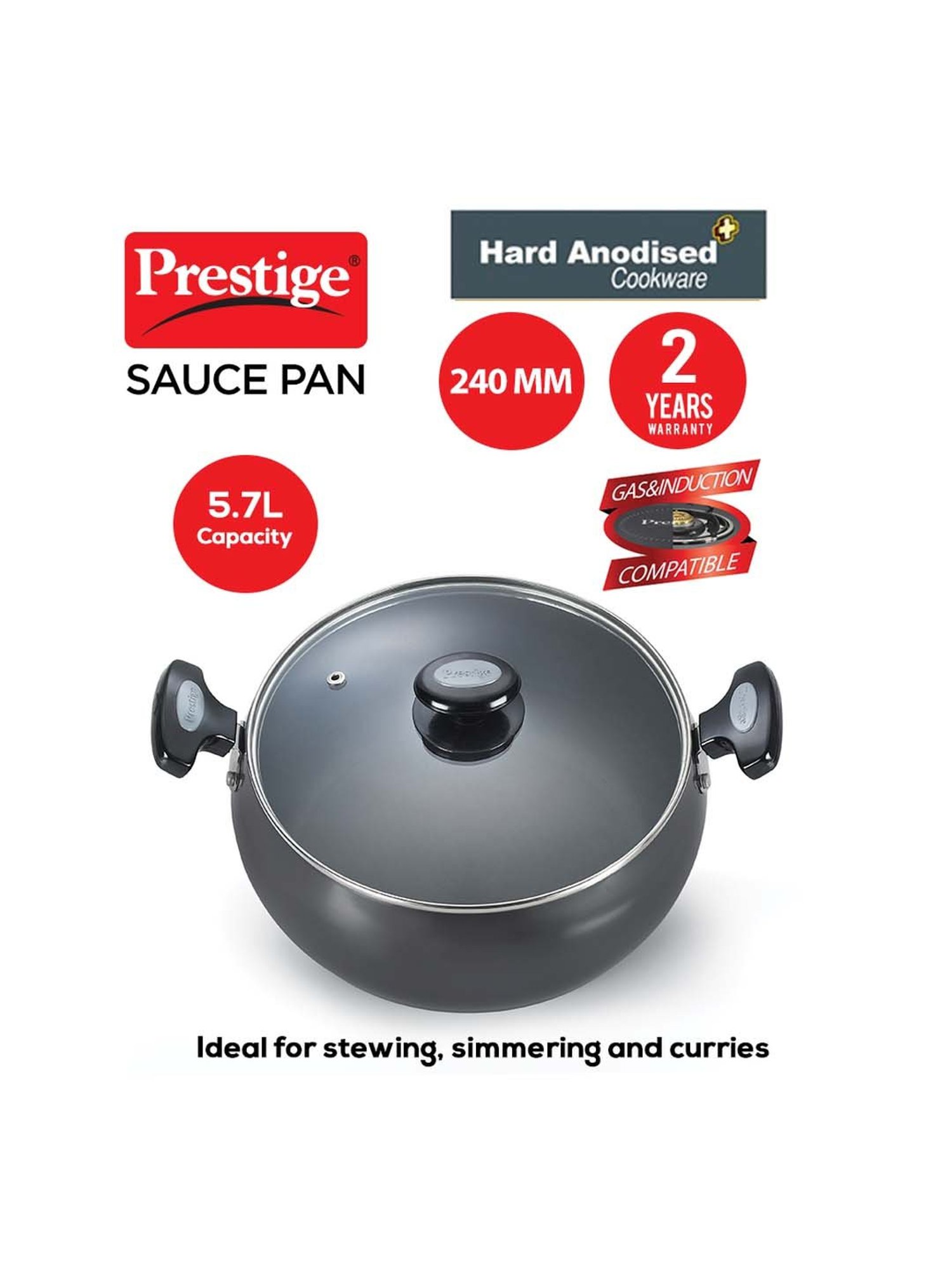 Prestige Black Hard Anodized Aluminium 240 mm Sauce Pan with Lid (5700 ml) - Set of 1