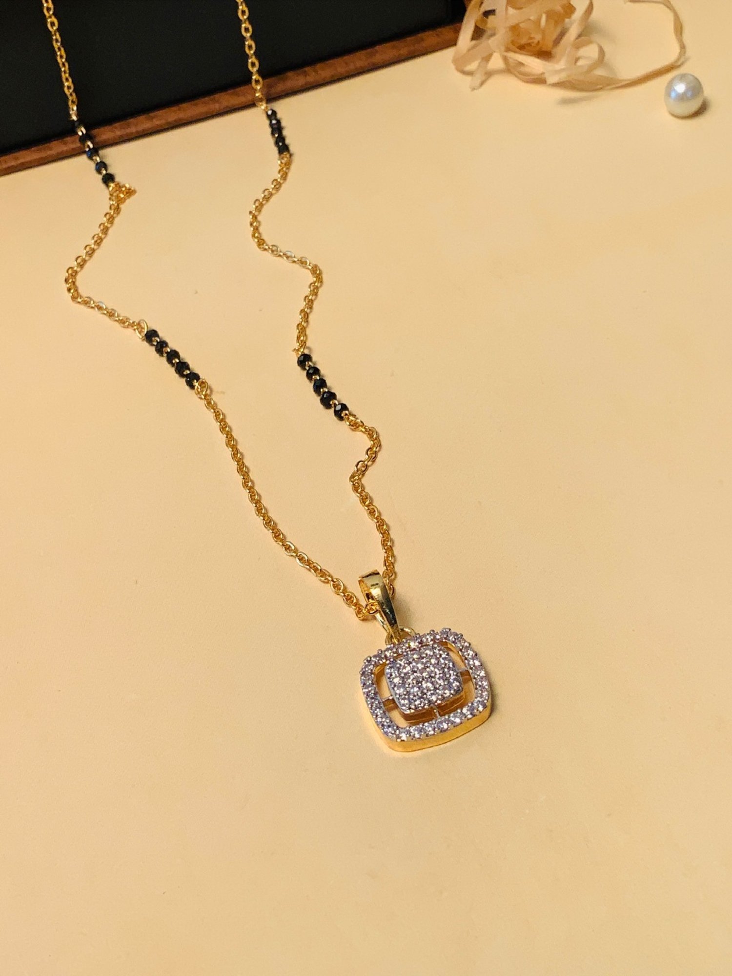 Abdesigns Gold-Plated American Diamond & Black Beaded Mangalsutra