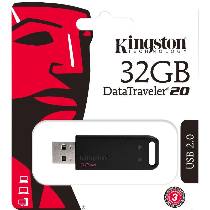 Kingston 32GB DataTraveler 20 DT20 USB 2.0 Type A Flash Drive - 32 GB - USB 2.0 Type A - Black - 3 Year Warranty