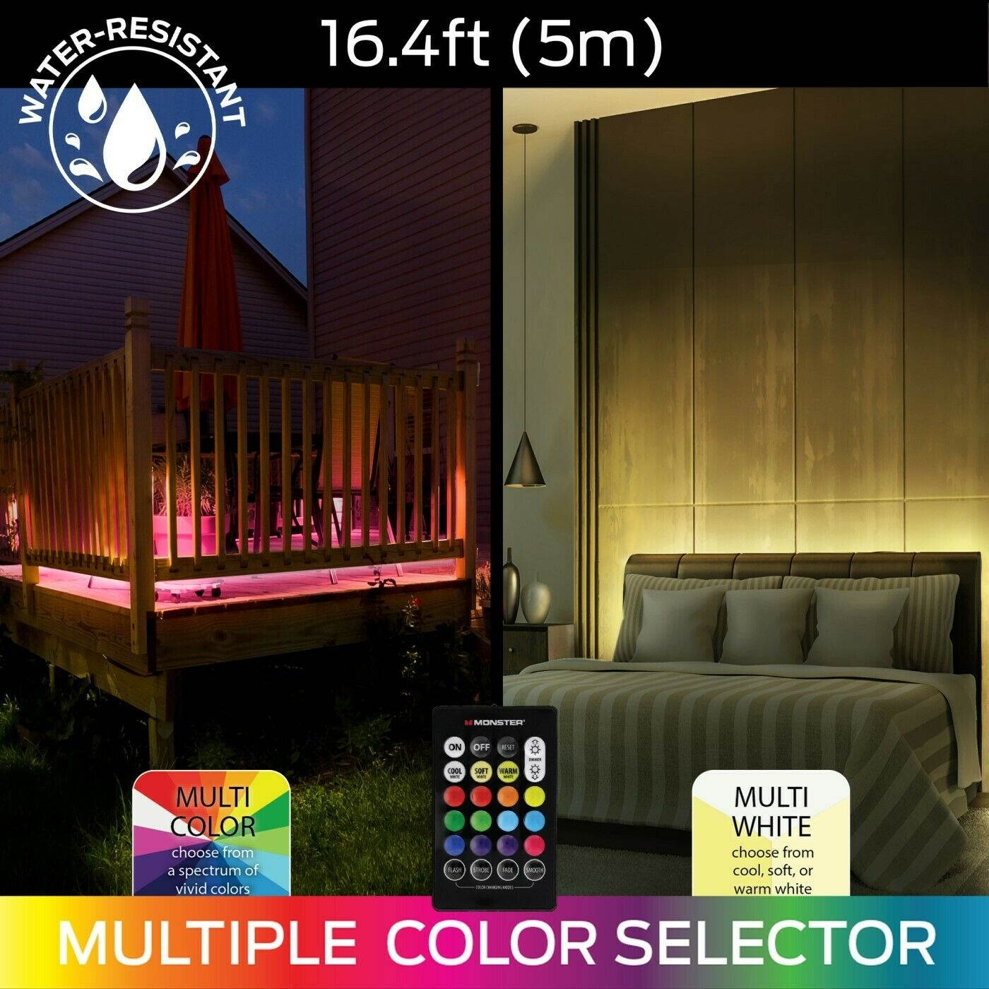 5m 16.4ft Multi-Color Indoor/Outdoor LED Light Strip with Remote Control