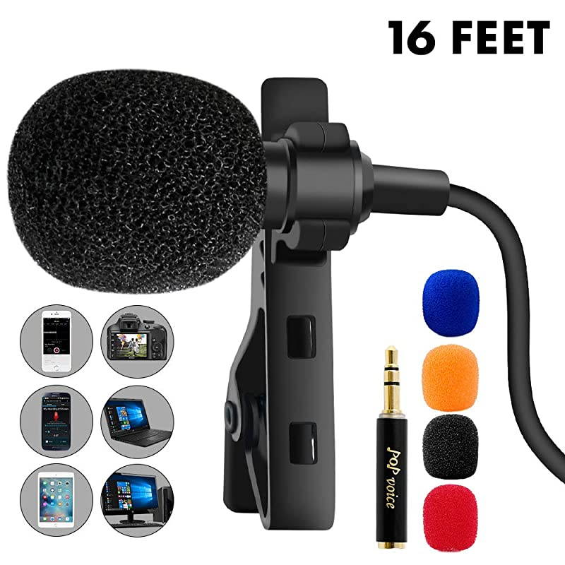 16 Feet Single Head Lavalier Lapel Microphone Omnidirectional Condenser Mic for Apple iPhone Android Windows Smartphones Youtube Interview Studio Video Recording Noise Cancelling Mic