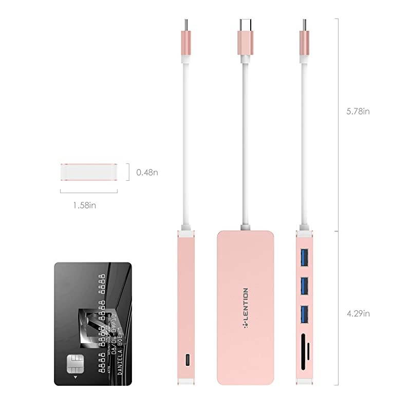 USB C Hub with 3 USB 3.0, SD/Micro SD Card Reader and Charging Adapter Compatible 2020-2016 MacBook Pro 13/15/16, New Mac Air/iPad Pro/Surface, Chromebook, More (CB-C16s, Rose Gold)