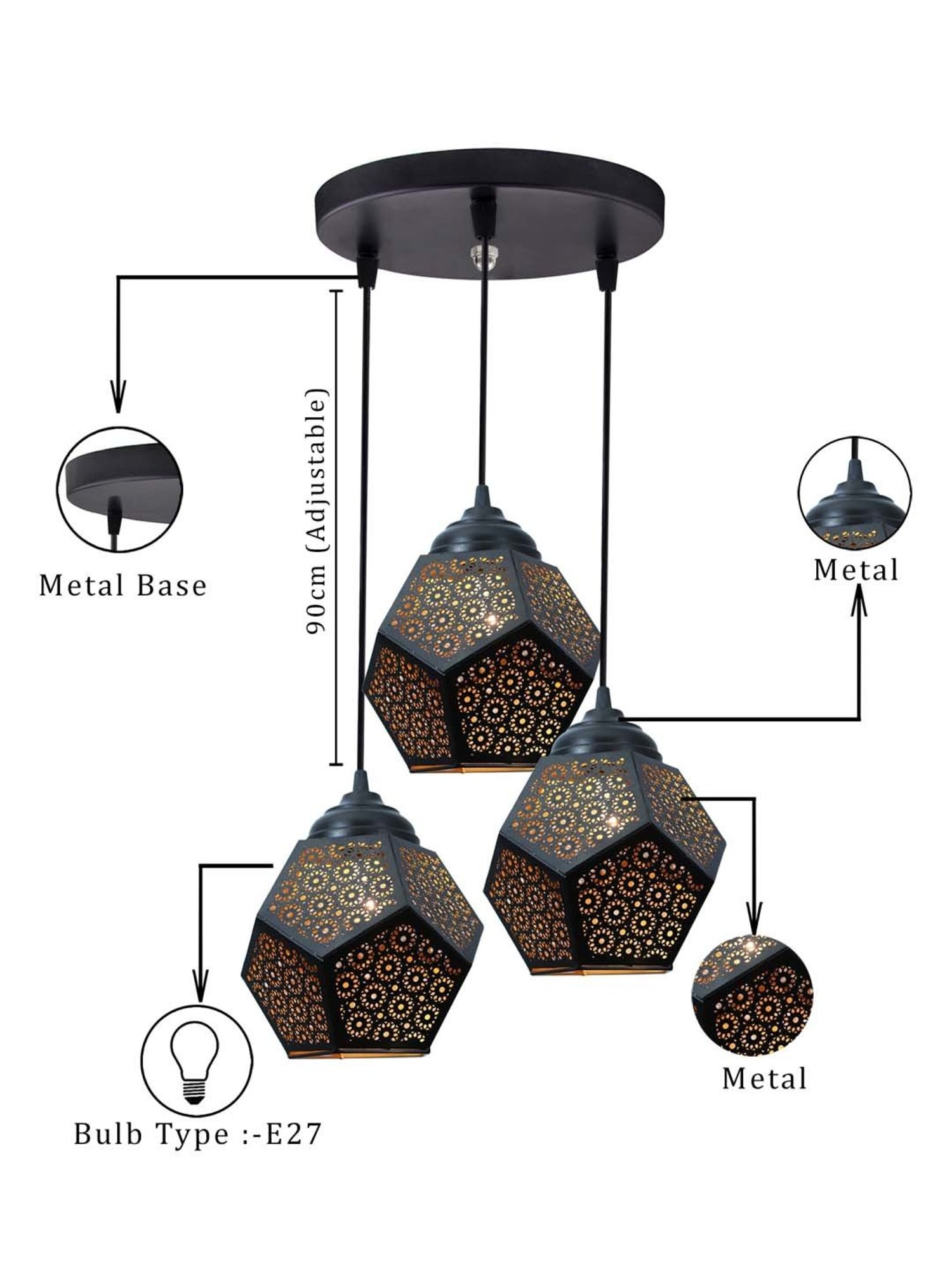 Homesake Black Metal 3-Lights Round Cluster Chandelier Crystal Do Decahedron Hanging Light