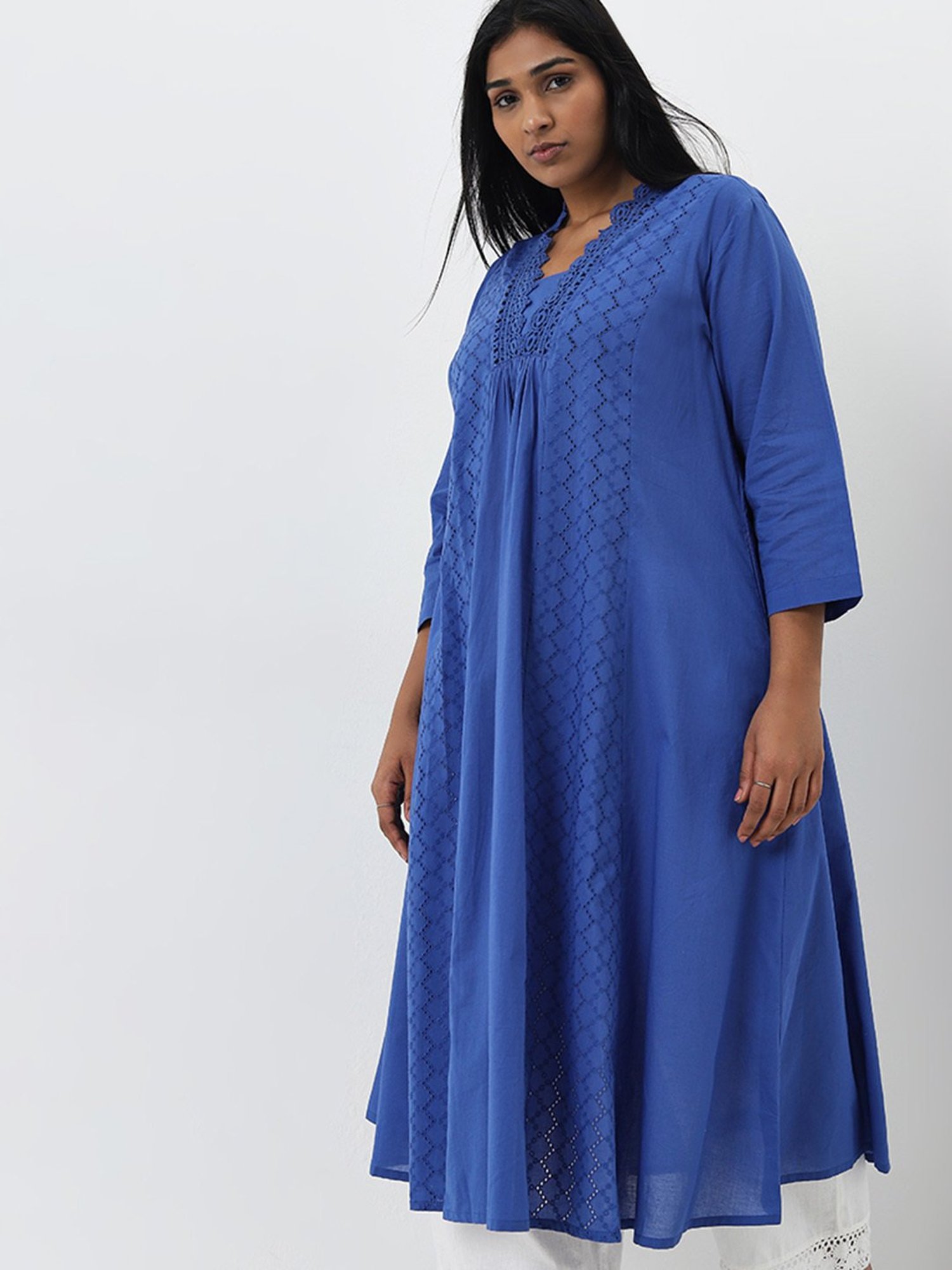 Diza by Westside Blue Schiffli Design A-Line Cotton Kurta