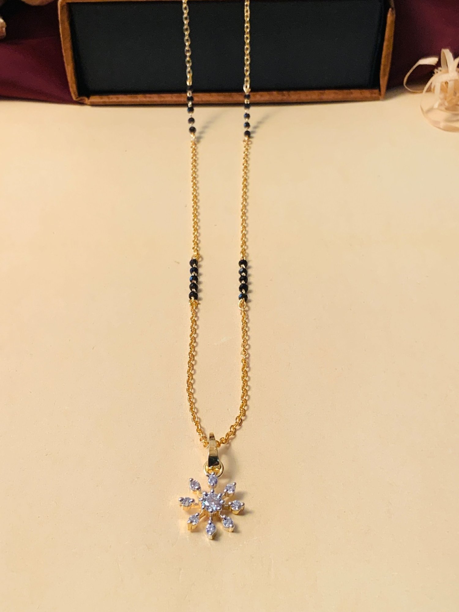 Abdesigns Gold-Plated American Diamond & Black Beaded Mangalsutra