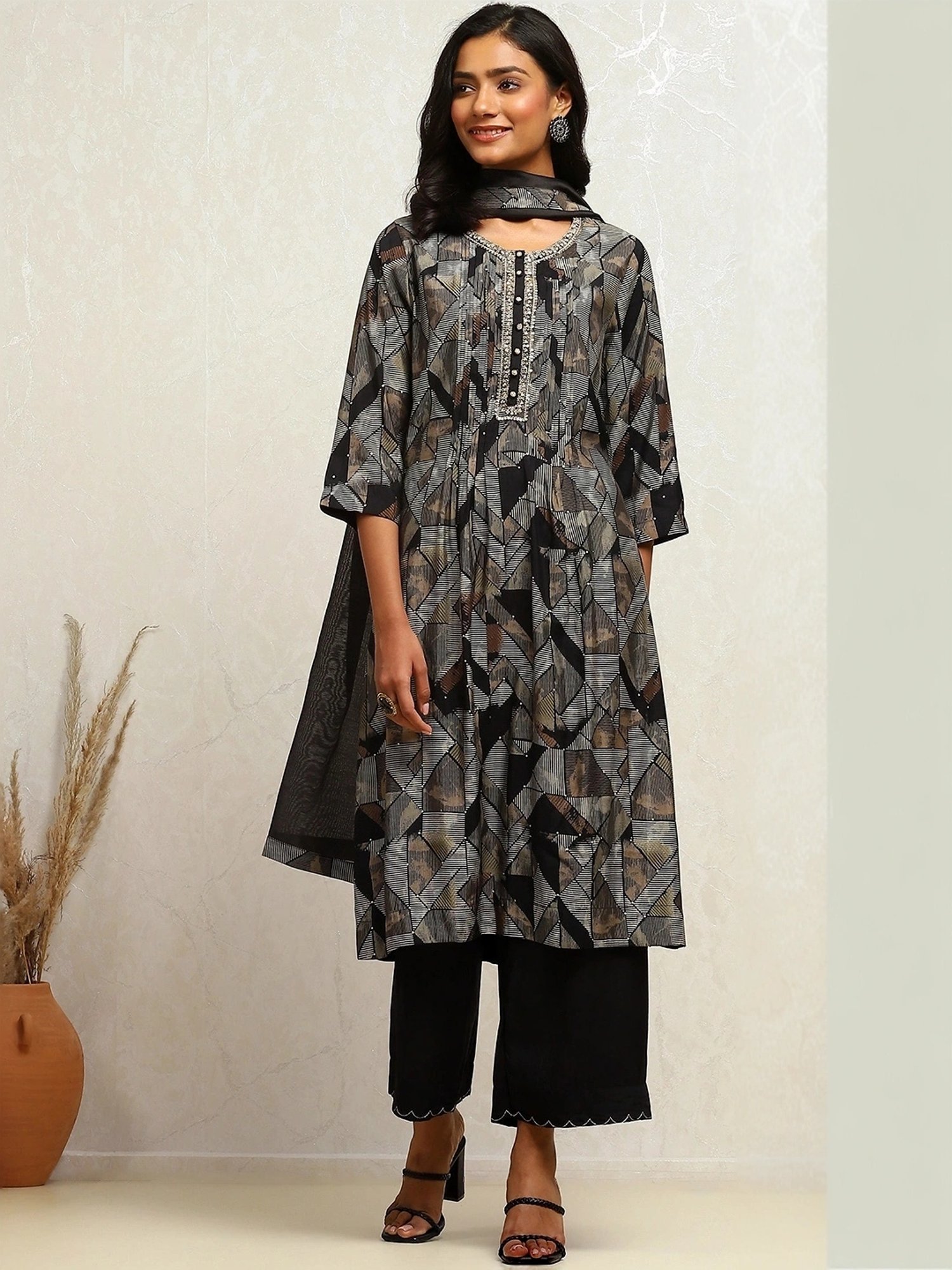 Biba Black Printed Kurta Palazzo Set With Dupatta
